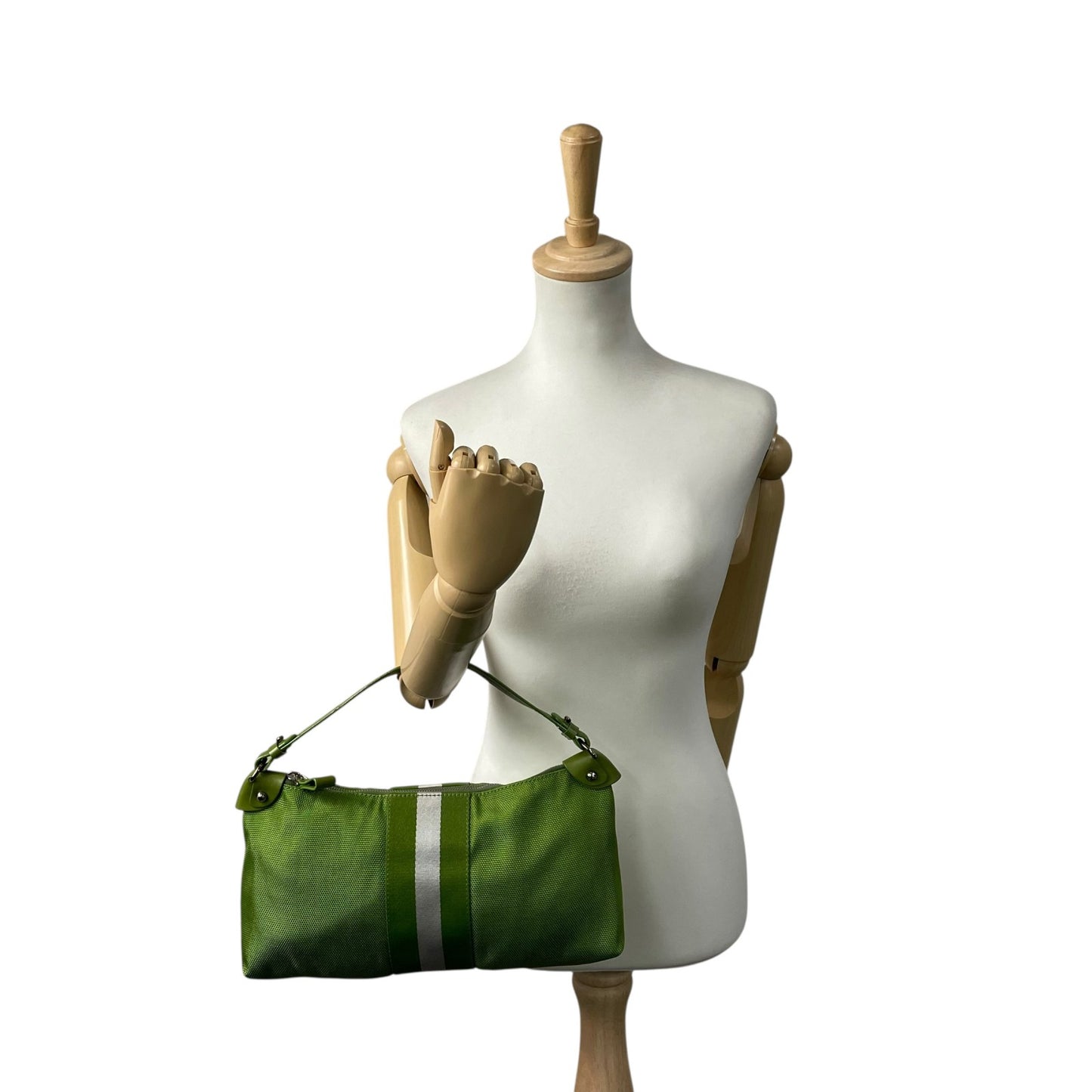 美品 バリー BALLY ハンドバッグ ヘリージ グリーン 黄緑 キャンバス レザー 横長 Y2K ストライプ 手提げ シルバー金具 S84