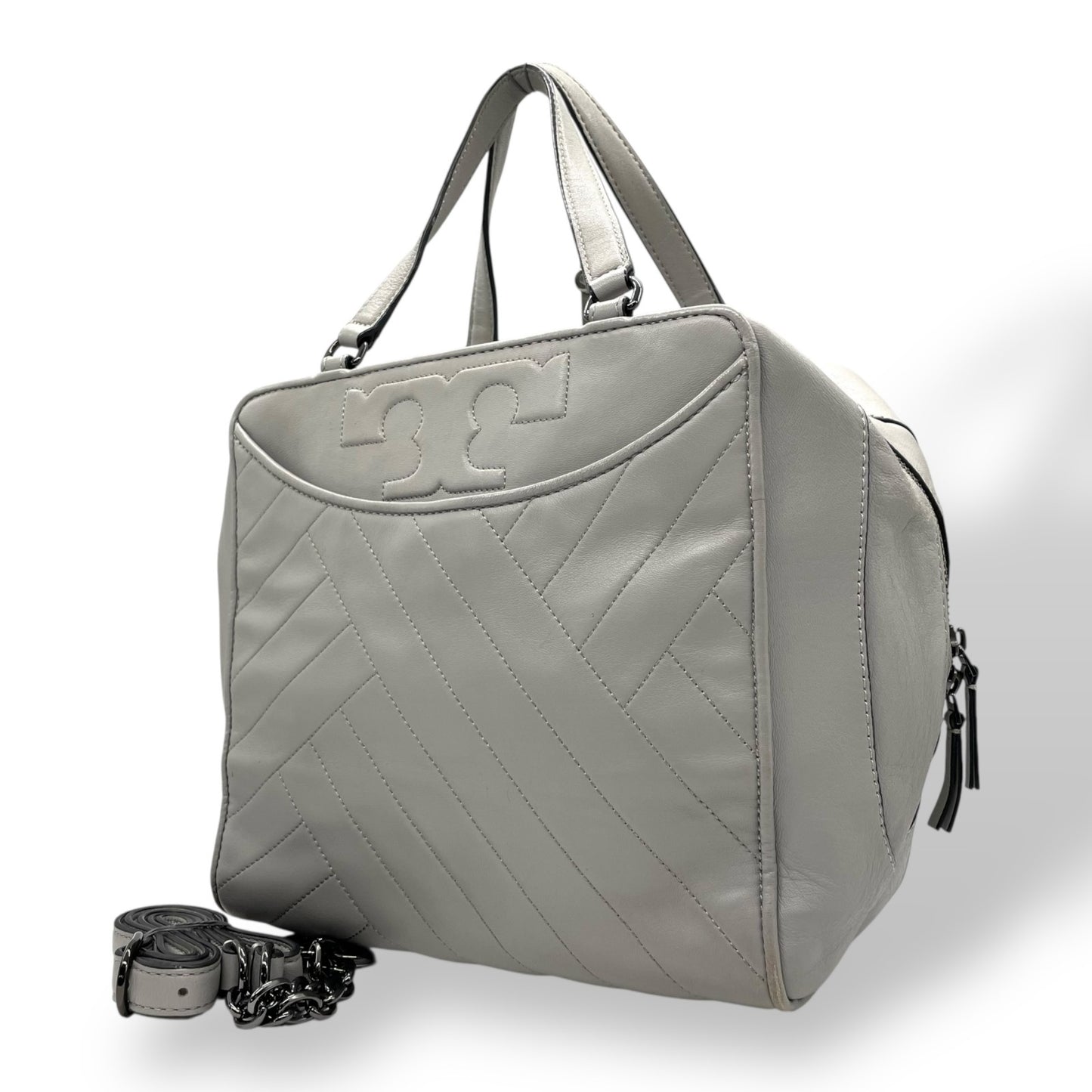 トリーバーチ TORY BURCH 2WAY ハンドバッグ ショルダーバッグ グレー レザー ブラック金具 スクエア型 ロゴ 斜め掛け可 ファスナー開閉 レディース U11