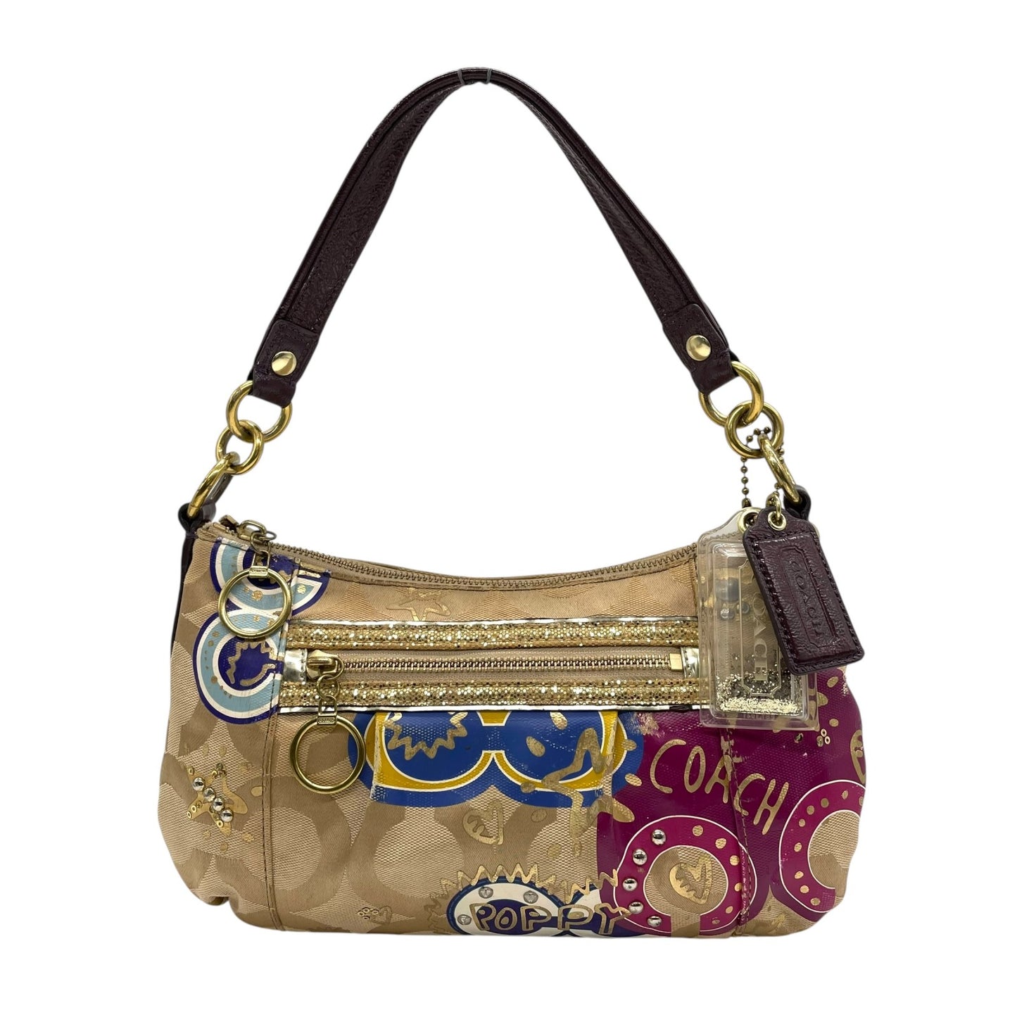 コーチ COACH 2WAY ハンドバッグ ショルダーバッグ ポピー オプアート シグネチャー ベージュ マルチカラー キャンバス ゴールド金具 ロゴチャーム付き 手提げ 斜め掛け可 レディース T1