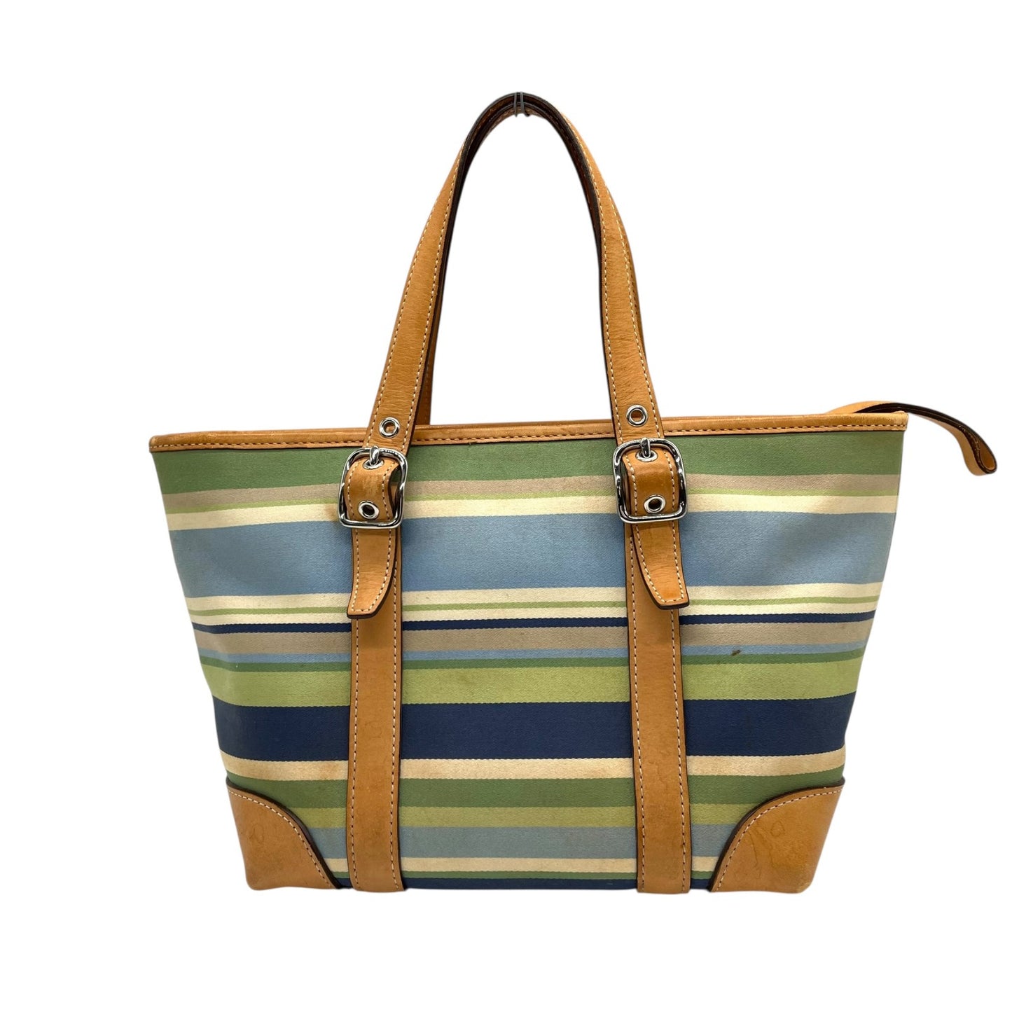 コーチ COACH ハンドバッグ ミニトート マルチストライプ ボーダー キャンバス レザー ロゴチャーム ファスナー開閉 ネイビー ブルー グリーン マルチカラー シルバー金具 手提げ レディース T1