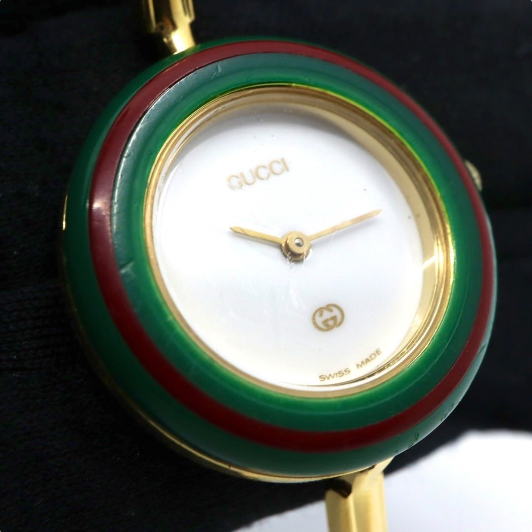 【美品/電池交換済】グッチ GUCCI チェンジベゼル 11/12 腕時計 レディース クオーツ バングルウォッチ ゴールド ヴィンテージ アンティーク シェリーラインベゼル クラシック エレガント アイコン 人気モデル クリーニング済み G3