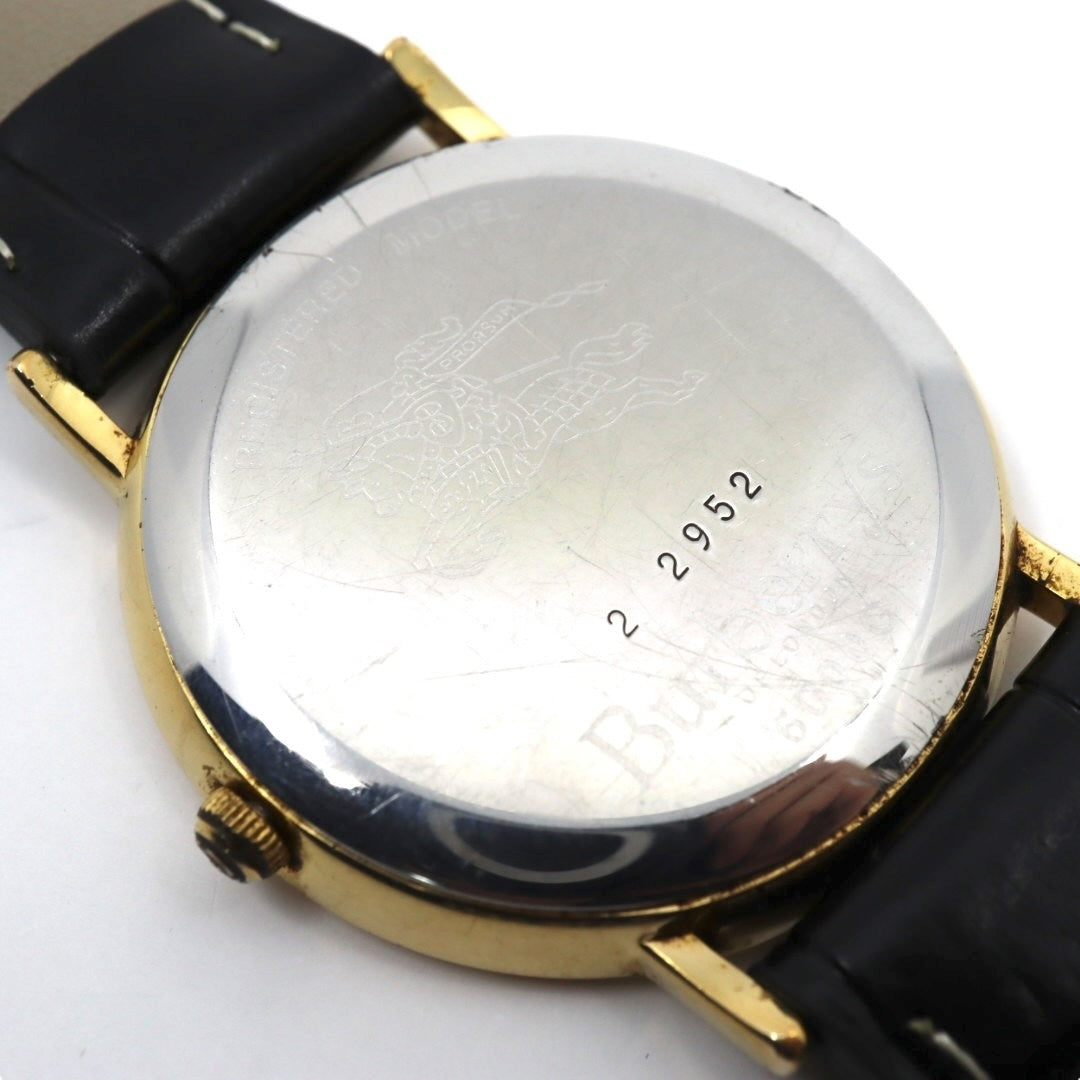 美品 電池交換済 新品ベルト バーバリー Burberrys 6000G 腕時計 メンズウォッチ クォーツ ゴールド シェル文字盤 アイボリー ローマンインデックス クラシック ヴィンテージ エレガント ドレスウォッチ 稼働品 G3