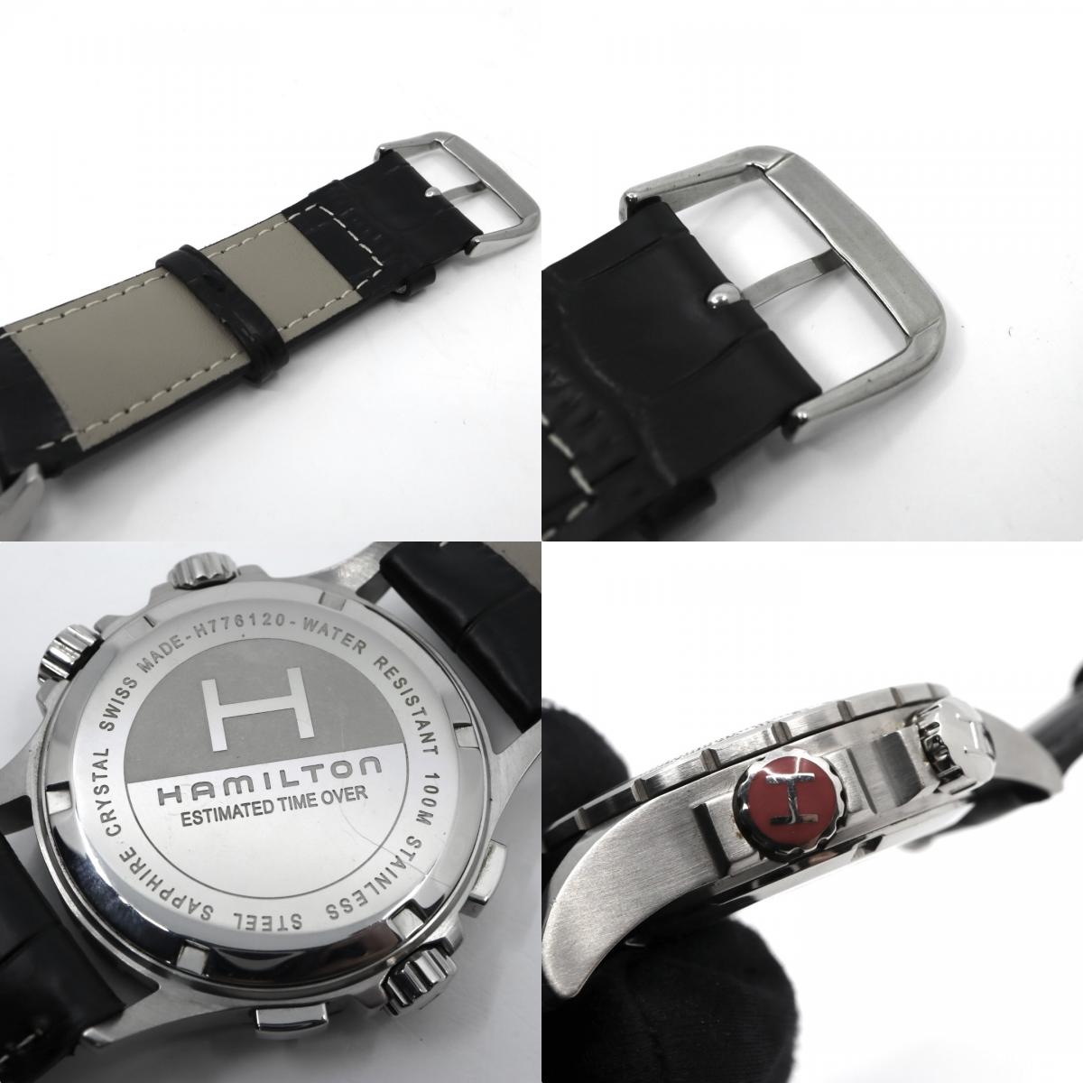 極美品 電池交換済 ハミルトン HAMILTON Estimate Time Over　カーキ E.T.O. H776120 腕時計 メンズ クロノグラフ クォーツ 黒文字盤 レザー アナログ アビエーション パイロットウォッチ スイス製 G3