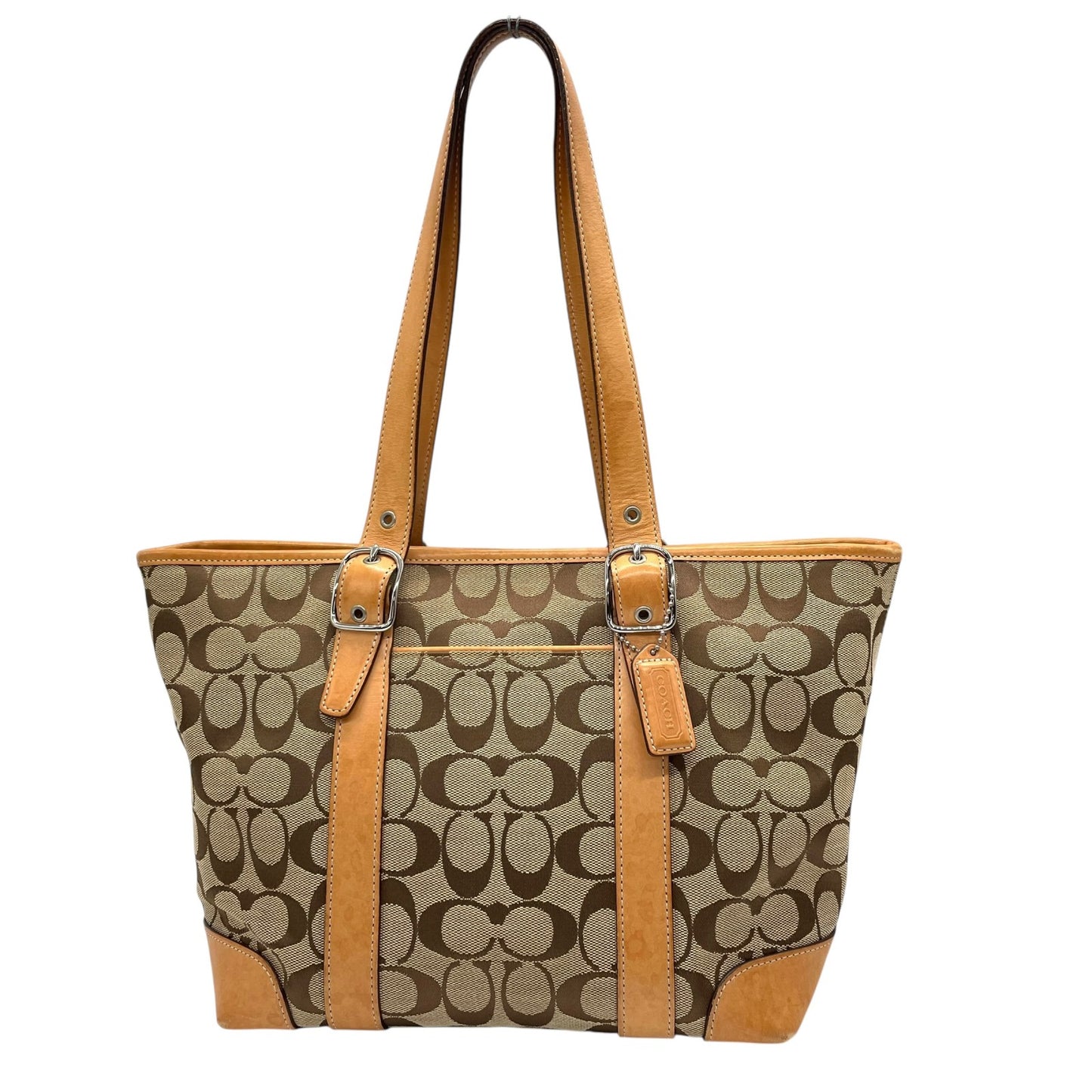 COACH コーチ シグネチャー キャンバス トートバッグ レザー 茶 ブラウン ベージュ シルバー金具 肩掛け可 ファスナー開閉 レディース S11