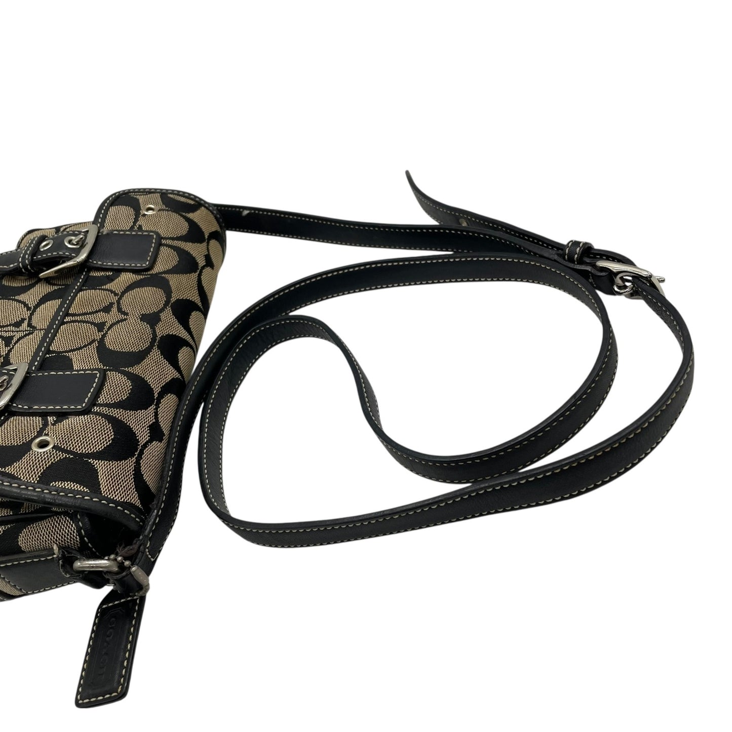 COACH コーチ ショルダーバッグ シグネチャー キャンバス レザー 黒 ブラック ベージュ シルバー金具 フラップ ベルト 横長 Y2K ミニバッグ 斜め掛け可 レディース S6