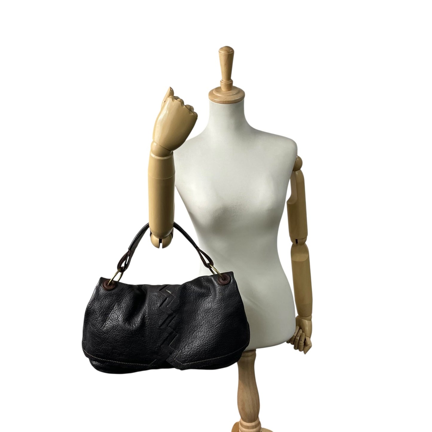 美品 genten ゲンテン ハンドバッグ 茶 ブラウン レザー ゴールド金具 ジグザグステッチ 横長 Y2K デザイン 手提げ コンパクト レディース バッグ U12