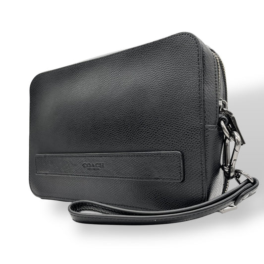 COACH コーチ クラッチバッグ セカンドバッグ F93555 黒 ブラック レザー ブラック金具 ロゴ型押し ストラップ付 メンズ U2