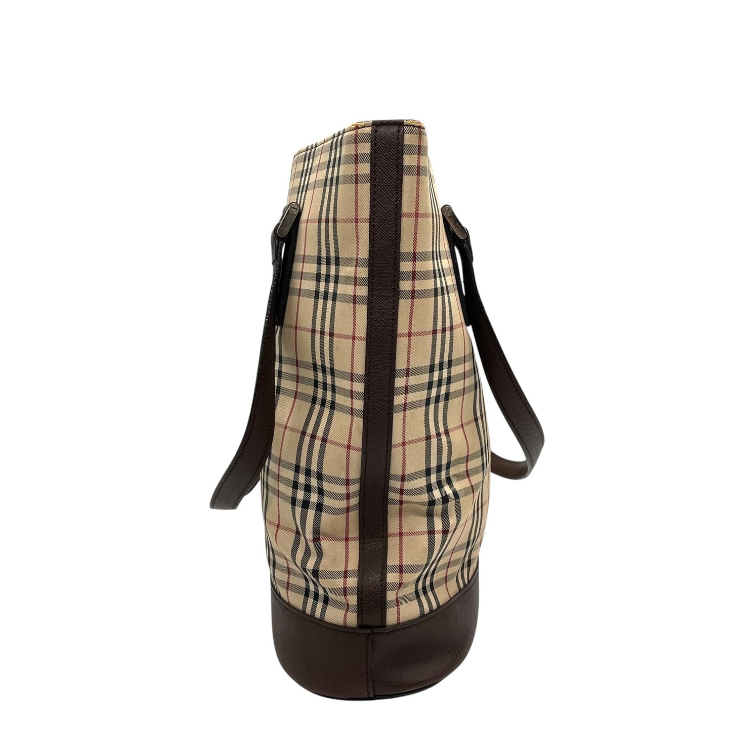 バーバリー BURBERRY トートバッグ ノバチェック キャンバス レザー ベージュ ブラウン 茶 シルバー金具 バケツ型 ロゴ型押し レディース A8