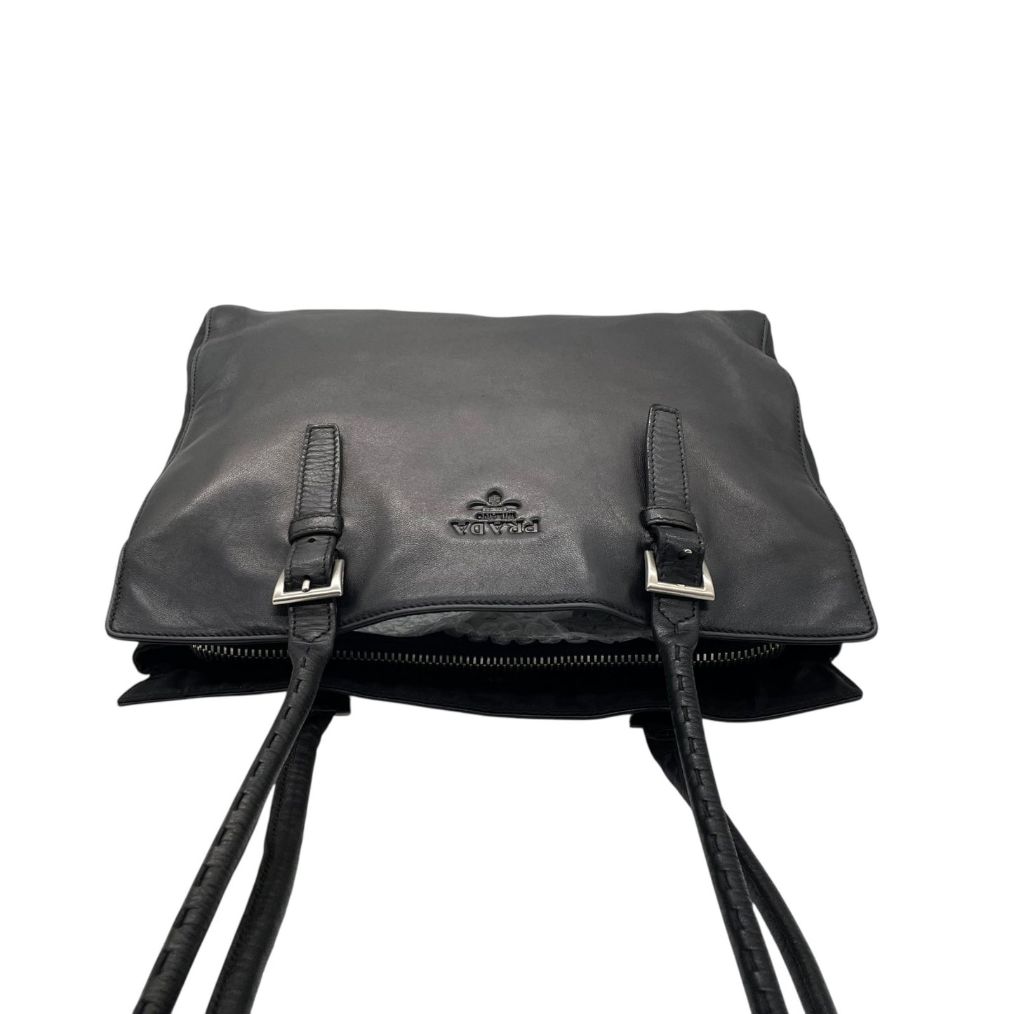 PRADA プラダ トートバッグ ワンショルダーバッグ 黒 ブラック NERO オールレザー シルバー金具 B5339 型押しロゴ 肩掛け可 ファスナー開閉 レディース D7