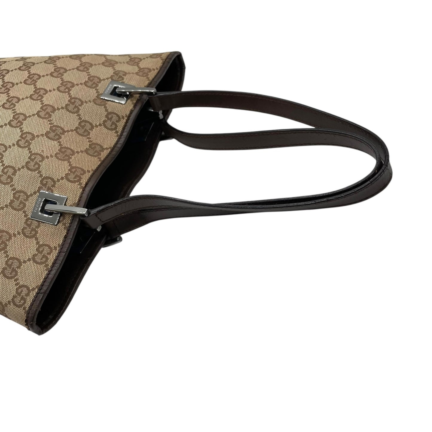 極美品 グッチ GUCCI トートバッグ ロングハンドル GGキャンバス ベージュ ブラウン レザー シルバー金具 ハンドバッグ K11