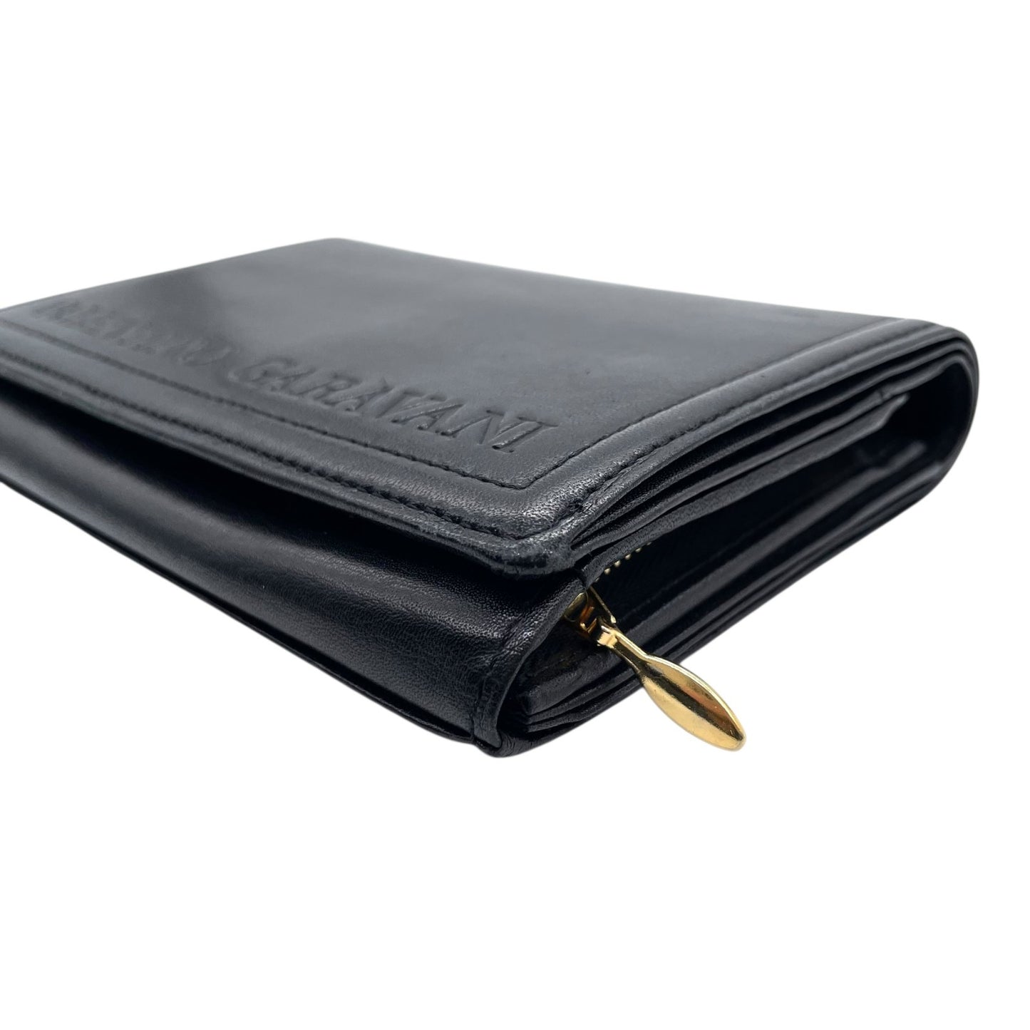 ヴァレンティノ ガラヴァーニ VALENTINO GARAVANI レザー 二つ折り財布 黒 ブラック ロゴ刻印 ゴールド金具 金金具 ヴィンテージ メンズ レディース W4