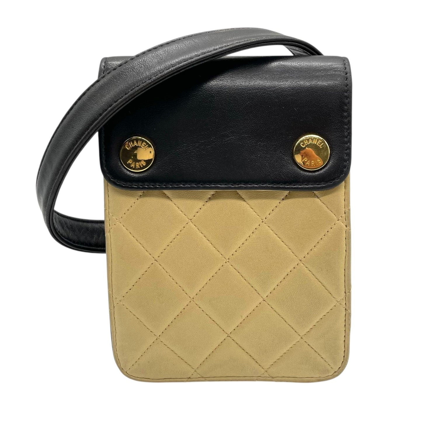 美品 シャネル CHANEL マトラッセ ショルダーバッグ ショルダーポーチ ミニバッグ スマホポーチ バイカラー ベージュ 黒 ブラック レザー ゴールド金具 肩掛け可 レディース K9