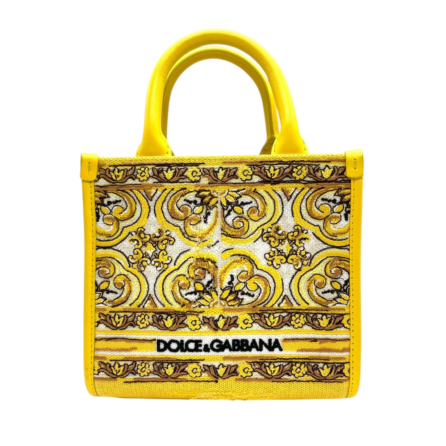 ドルチェ＆ガッバーナ DOLCE&GABBANA ドルガバ マヨリカ DG DAYLY ミニショッピングバッグ 2WAY ハンドバッグ ショルダーバッグ イエロー キャンバス×レザー ゴールド金具 刺繍ロゴ 斜め掛け可 レディース B