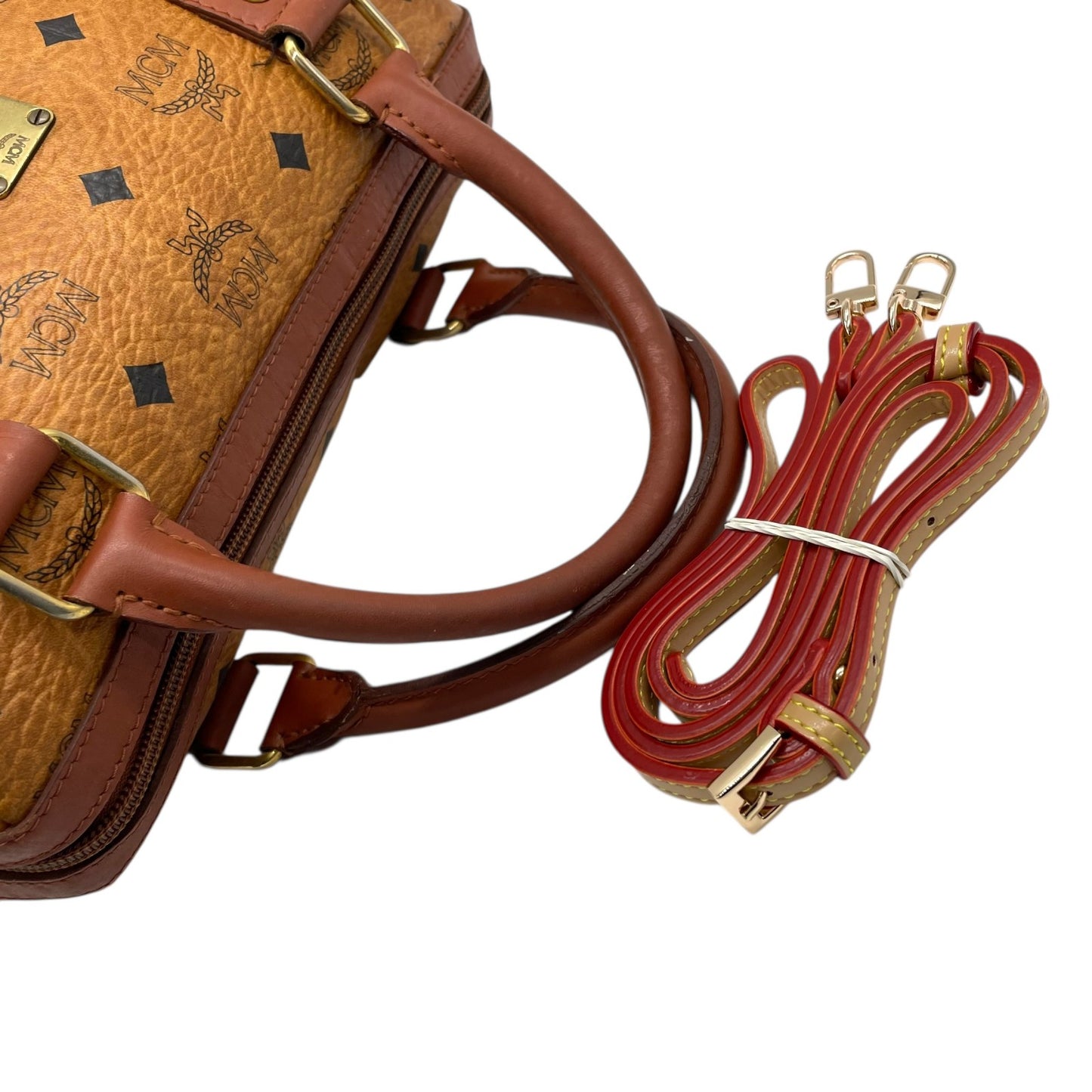 エムシーエム MCM ヴィセトス 2WAY ハンドバッグ ミニボストンバッグ ショルダーバッグ 茶 ブラウン コニャック レザー ゴールド金具 斜め掛け可 レディース C