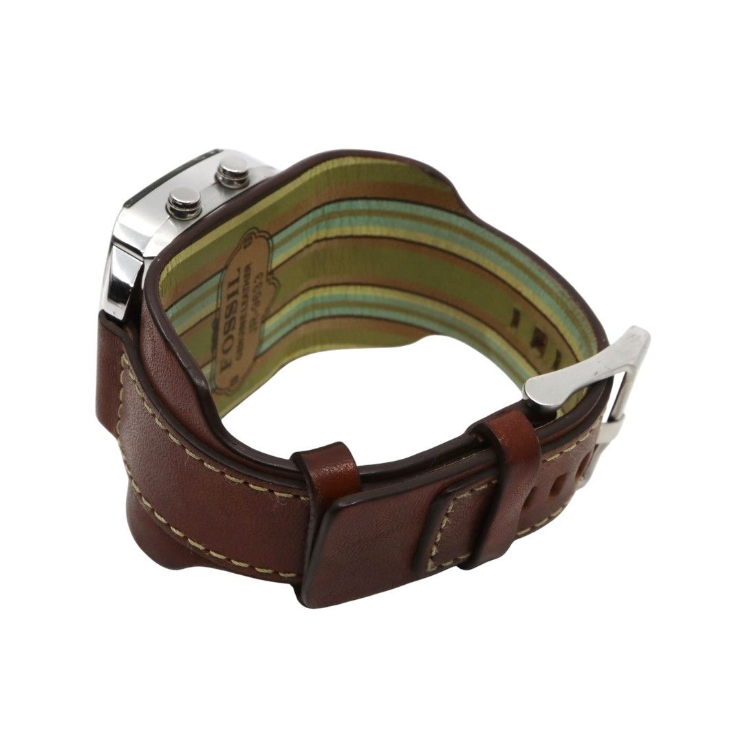 【美品/稼働品】フォッシル 腕時計 JR-9633 アナデジ ウッド調文字盤 カフレザー ワイドベルト ブラウン シルバー メンズ クオーツ ヴィンテージ レトロ 個性的 デザインウォッチ ストリート カジュアル G9