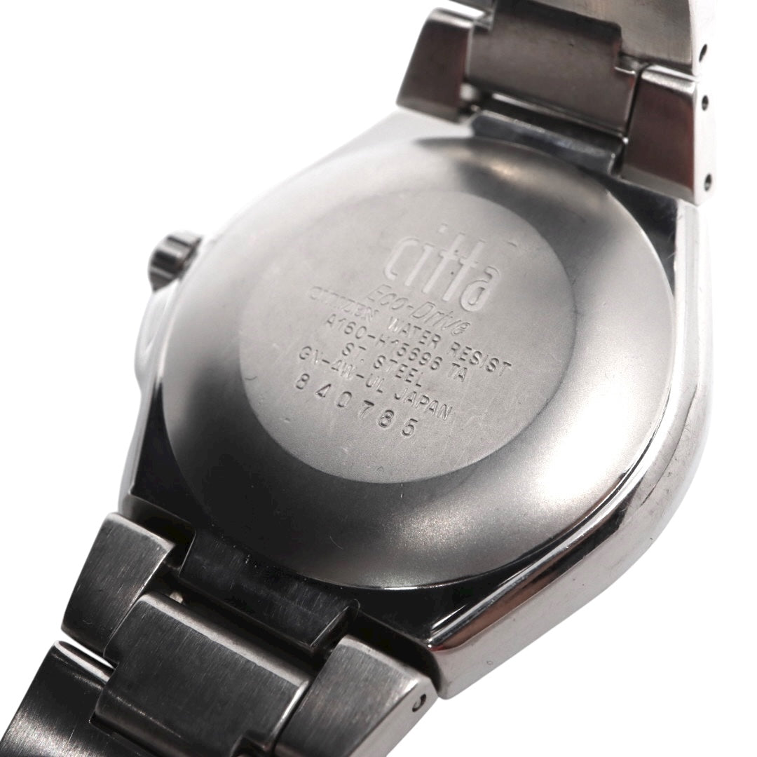 【美品/稼働品】シチズン チッタ Citta エコドライブ 腕時計 A160-H15696 メンズ ソーラー デイト ブラック文字盤 シルバー ステンレス ビジネス カジュアル シンプル ファッション ウォッチ G10 citizen