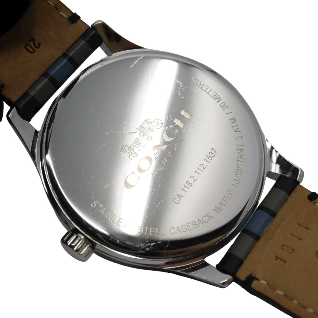 【美品】コーチ COACH 腕時計 メンズ チャールズ Charles ブラック シルバー マルチカラー ストライプ レザー CA.118.2.112.1537 クォーツ アナログ 3針 ビジネス カジュアル シンプル 個性的 希少 ビッグフェイス G11