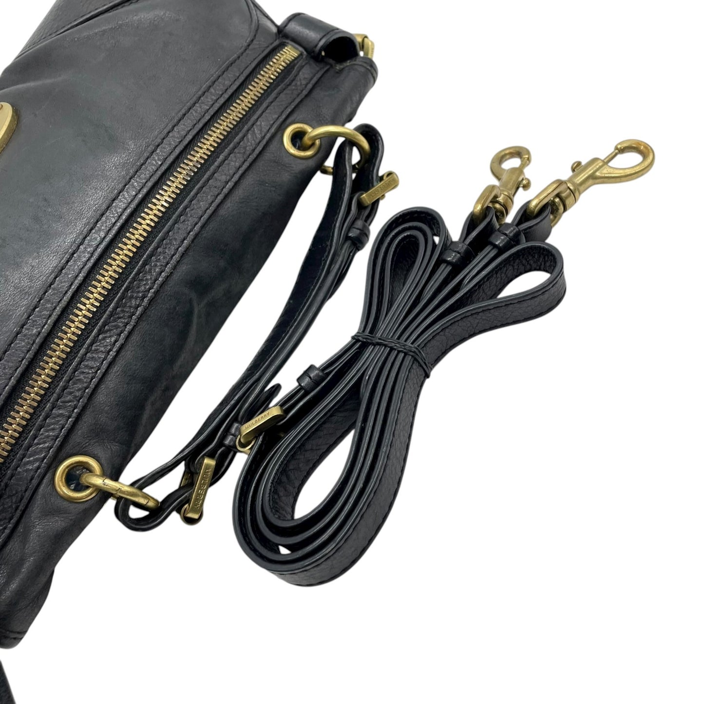 MULBERRY マルベリー 2WAY ハンドバッグ ショルダーバッグ ブラック レザー ゴールド金具 オーバルロゴプレート トップハンドル ヴィンテージ レディース K12