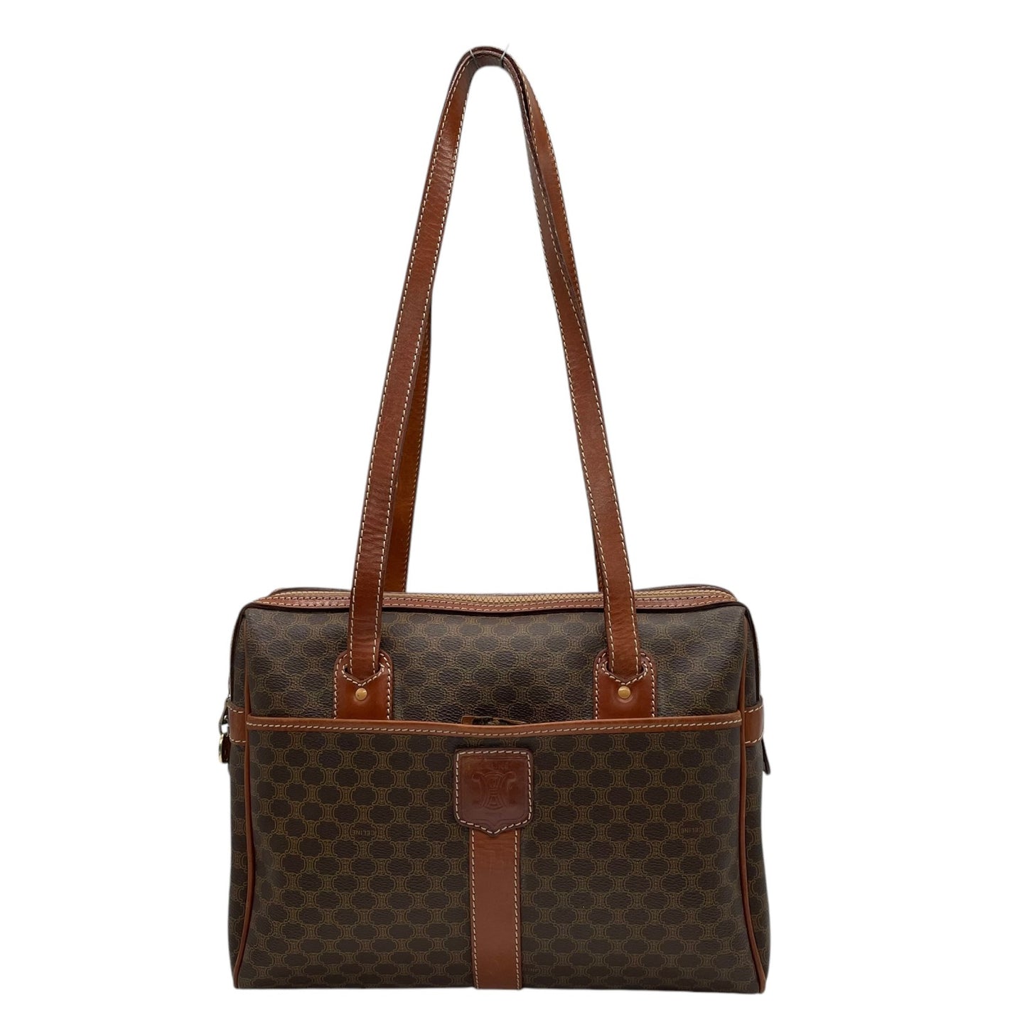 CELINE セリーヌ オールドセリーヌ マカダム柄 ハンドバッグ ショルダーバッグ ワンショルダー 肩掛け PVC レザー 本革 ブラウン 茶色 ゴールド金具 ファスナー開閉 ヴィンテージ K12