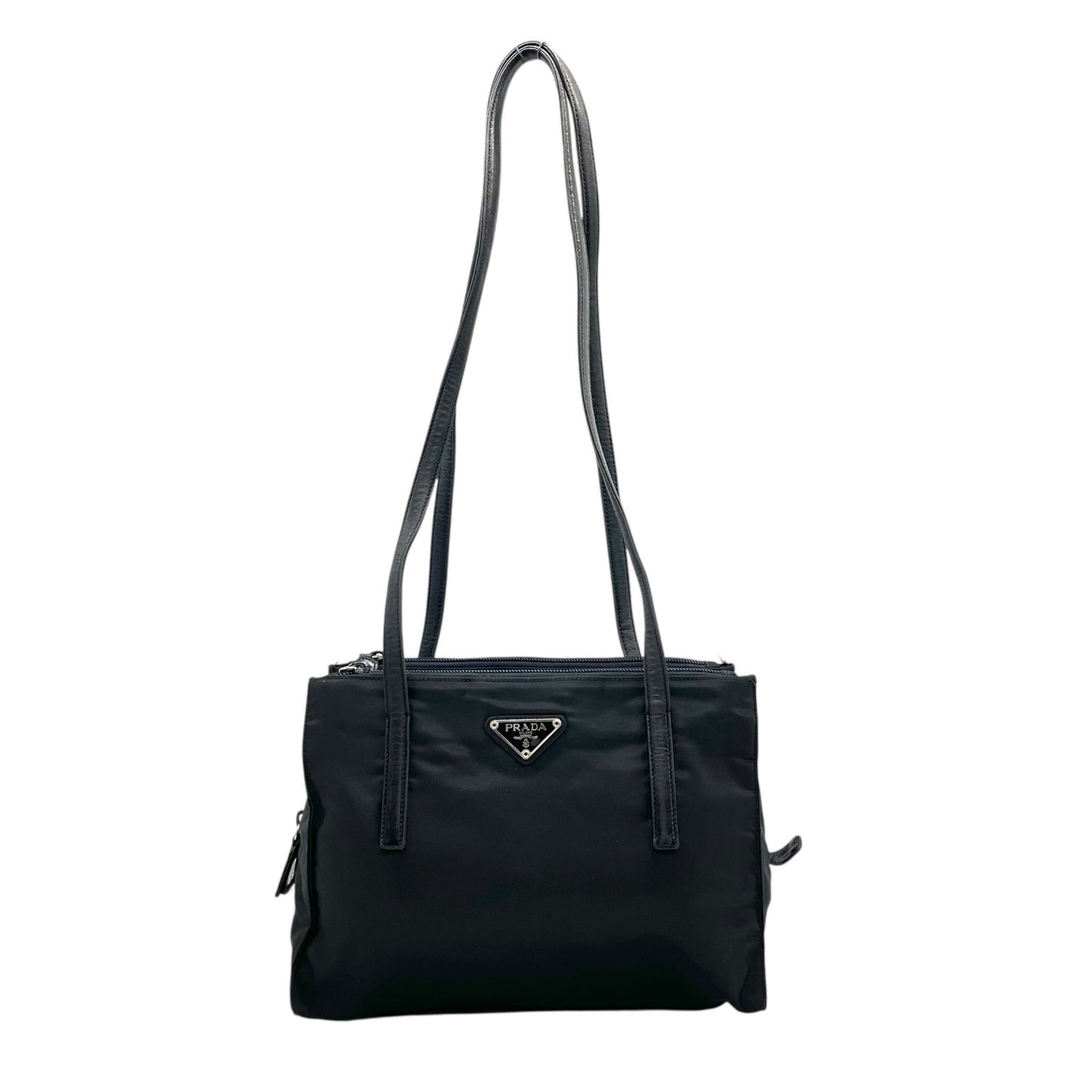 Authentic PRADA Tote Bag Black Nylon Shoulder Bag Triangle Logo Silver Hardware A4 Storage Zipper Women's Tessuto