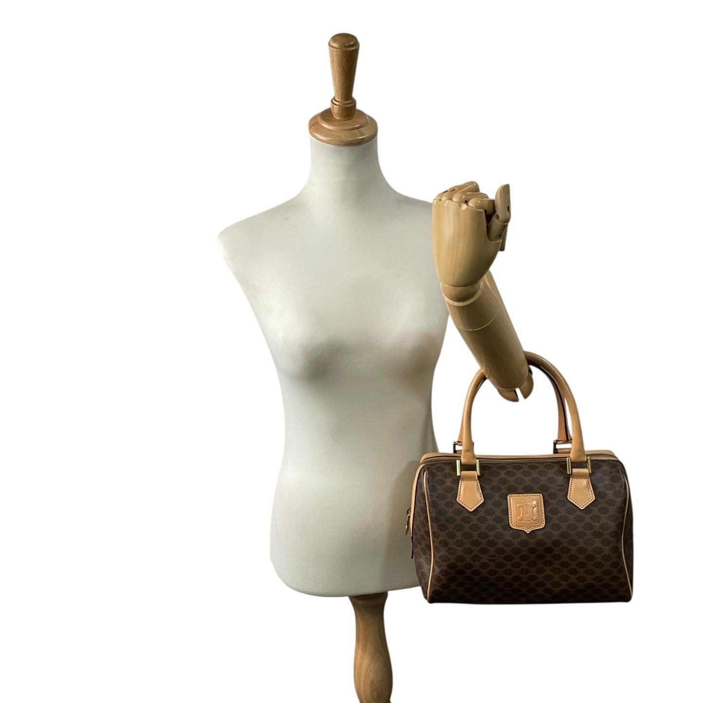 Authentic CELINE Trionf Monogram 2WAY Handbag Mini Boston Bag Shoulder Bag Leather Brown Gold Hardware Zipper Crossbody Women's