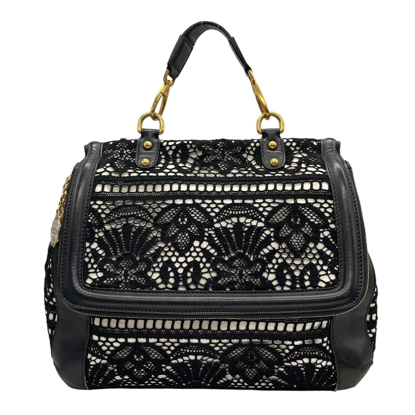 Authentic DOLCE&GABBANA Sicily Heritage 2WAY Handbag Tote Shoulder Bag Black White Ivory Lace Leather Gold Hardware Women's