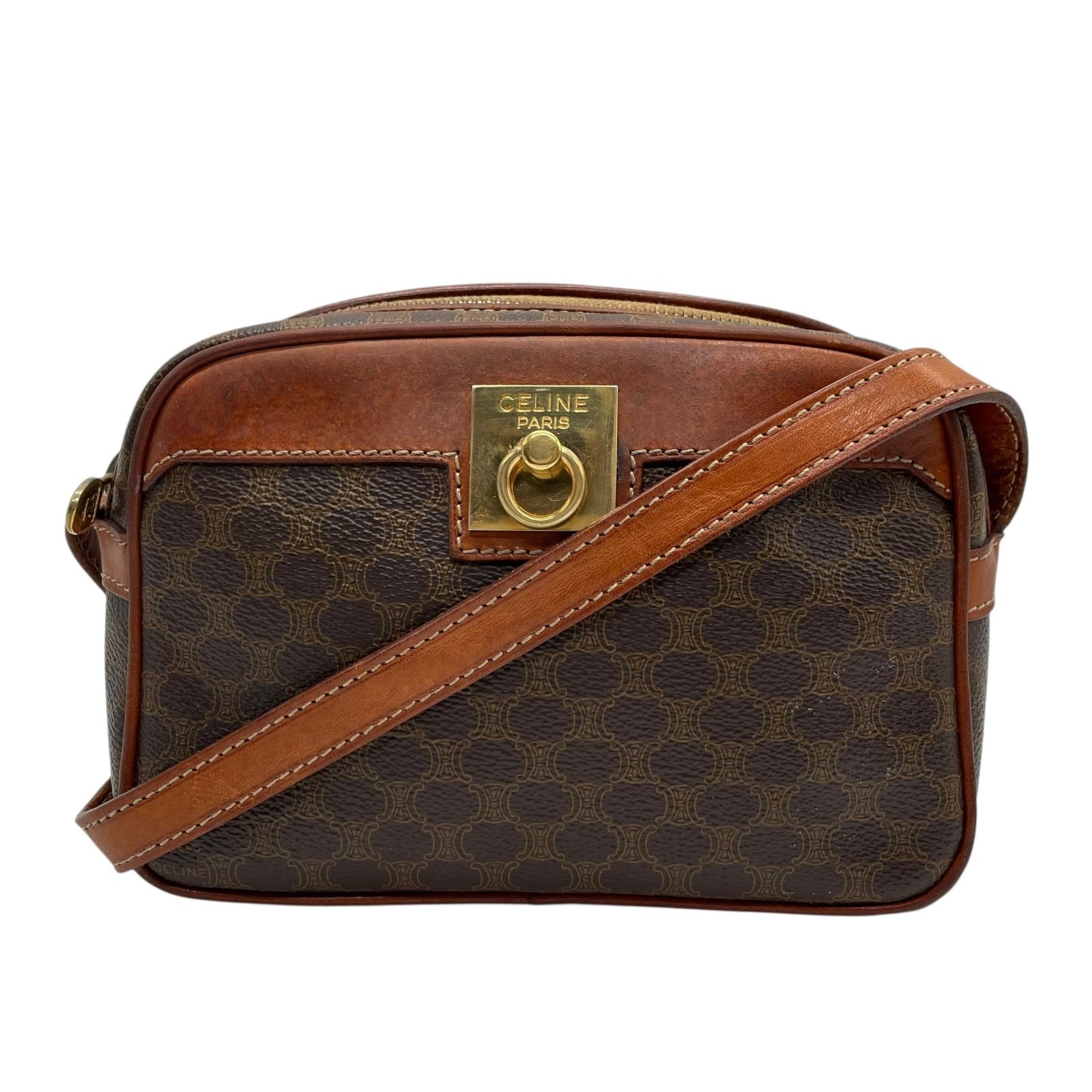 Authentic CELINE Vintage Macadam Shoulder Bag Trionf Camera Bag Brown PVC Leather Gold Hardware Women's Adjustable Strap Crossbody