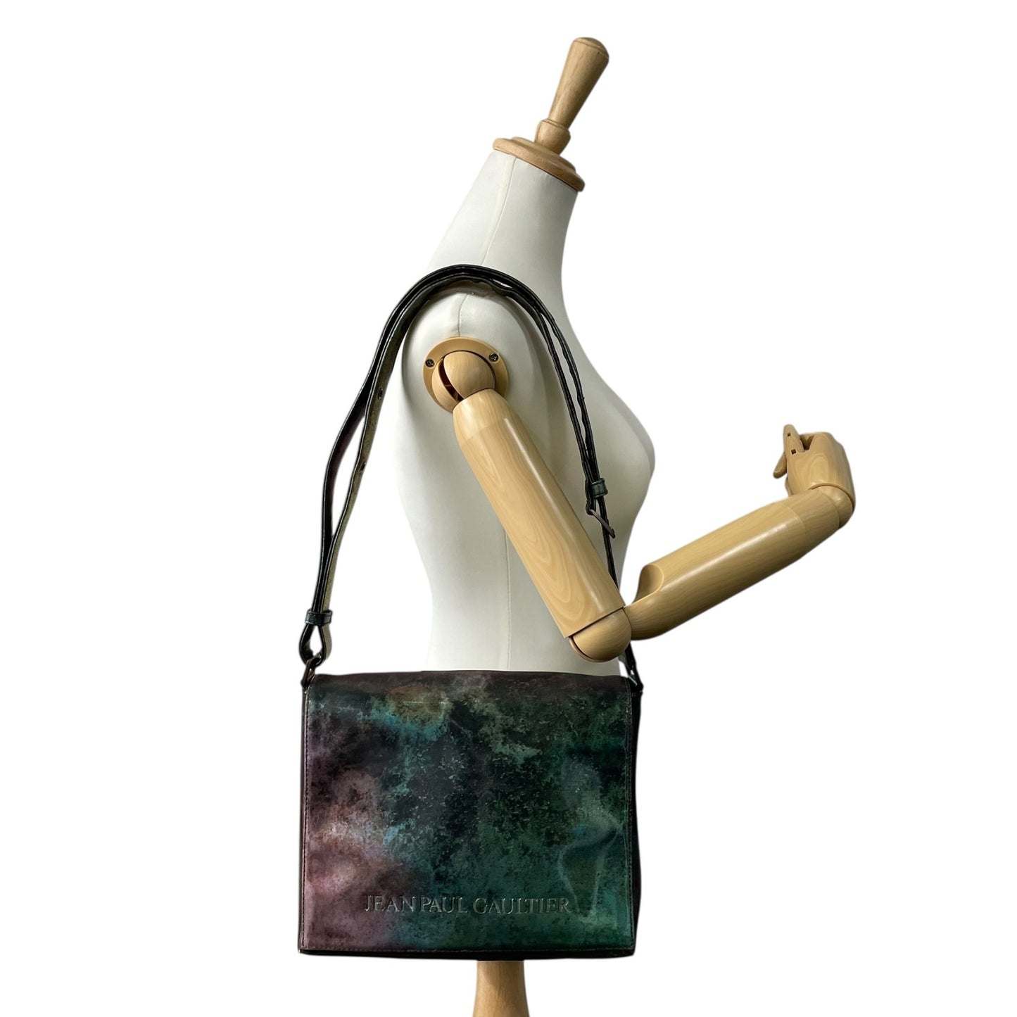 Authentic Jean Paul Gaultier V-Cyber Shoulder Bag Iridescent Green PVC Leather Bronze Hardware Unisex