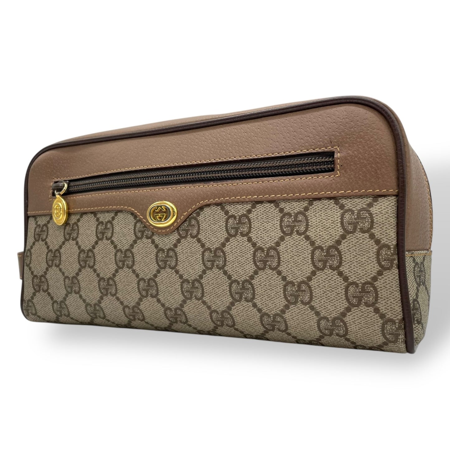 Authentic GUCCI Old GG Supreme Clutch Bag Second Bag Brown Leather PVC Gold Hardware Unisex Vintage