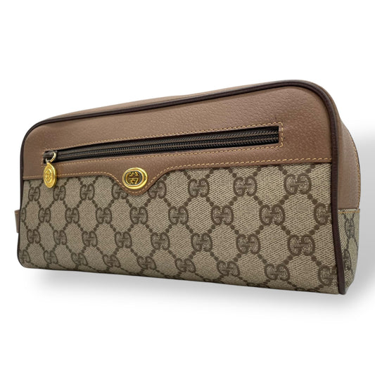 Authentic GUCCI Old GG Supreme Clutch Bag Second Bag Brown Leather PVC Gold Hardware Unisex Vintage