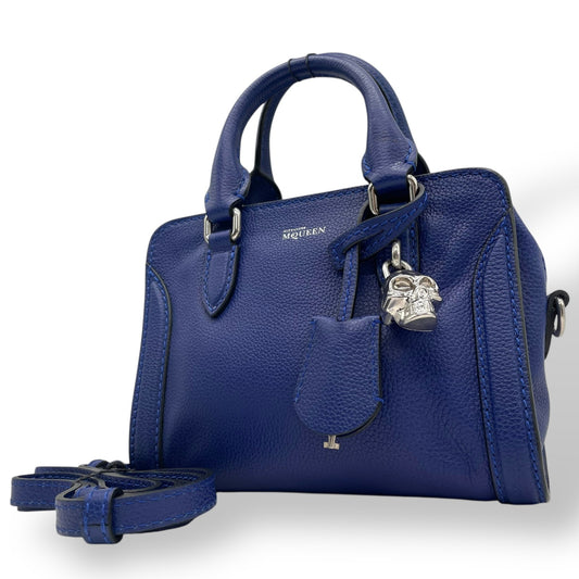 Authentic ALEXANDER McQUEEN 2WAY Handbag Shoulder Bag Skull Padlock Blue Leather Women's Crossbody