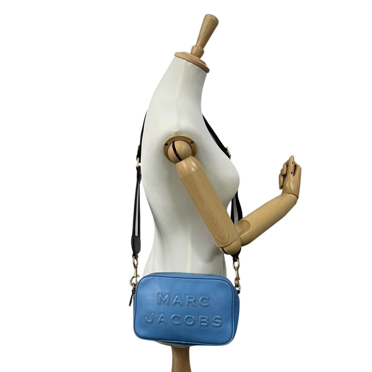 Authentic MARC JACOBS Flash Leather Crossbody Camera Bag Blue Leather Gold Hardware Women's Logo