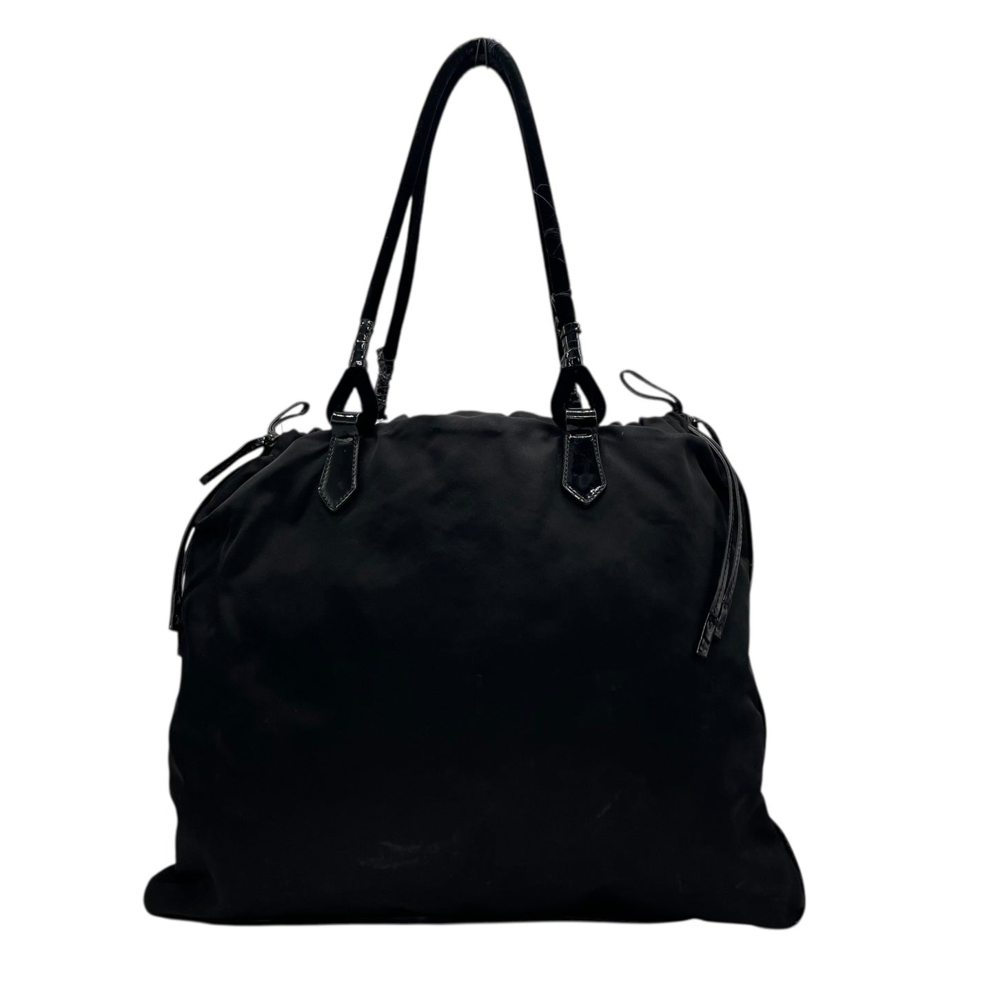 Authentic PRADA Black Handbag Tote Triangular Logo Plate Nylon Patent Leather Silver Hardware Shoulder Bag Men's Women's