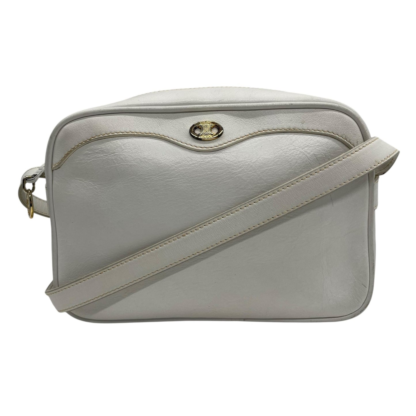 Authentic CELINE White Leather Shoulder Bag Trionf Camera Bag Gold Hardware Vintage Women's
