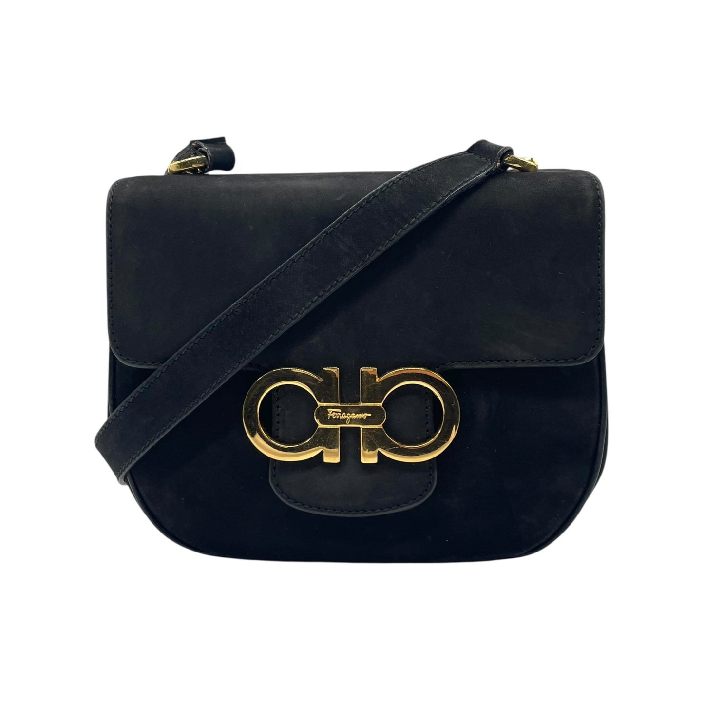 美品 Salvatore Ferragamo フェラガモ ガンチーニ ショルダーバッグ 黒 ブラック AB-21 スエード ゴールド金具 斜め掛け可 ポシェット ミニバッグ レディース フラップ開閉 ヴィンテージ D5