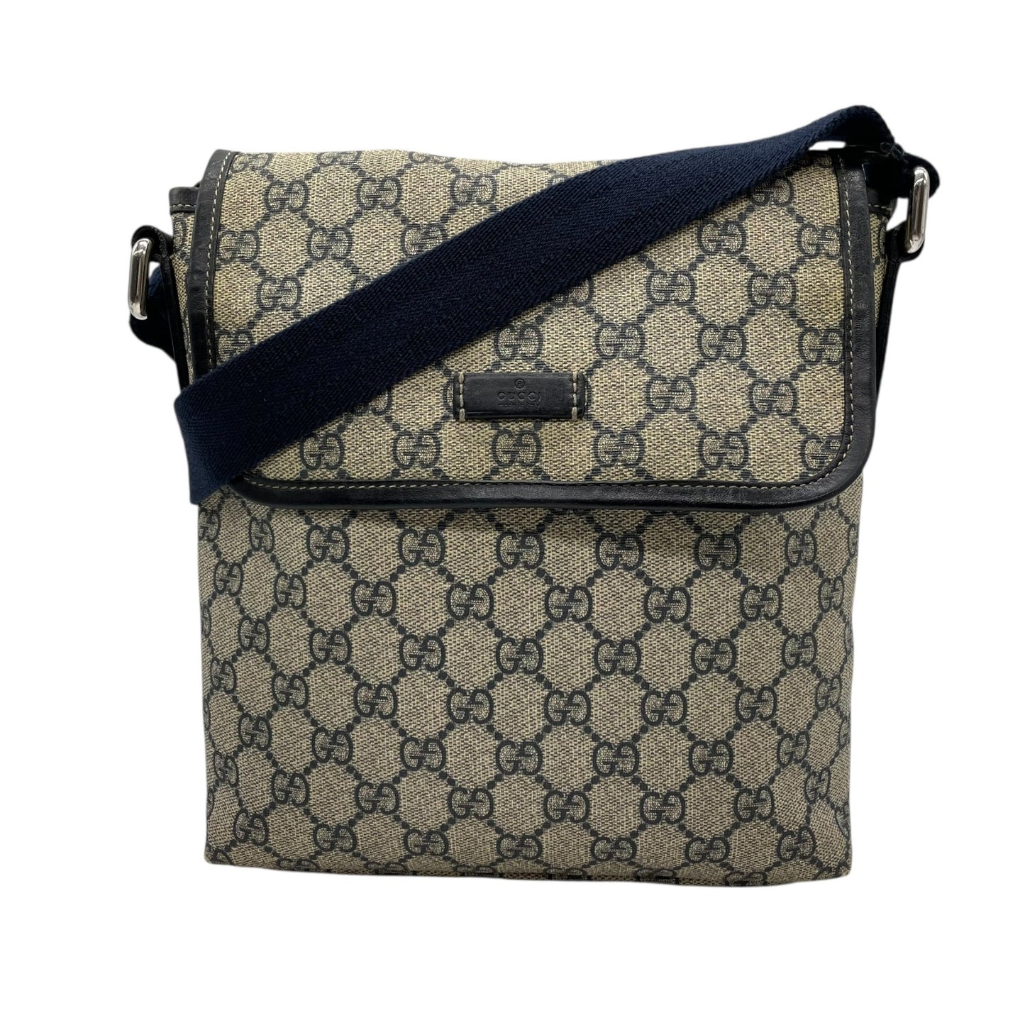 GUCCI グッチ GGスプリーム ショルダーバッグ 223666 紺 ネイビー グレー PVC レザー シルバー金具 斜め掛け可 フラップ開閉 メンズ レディース K2