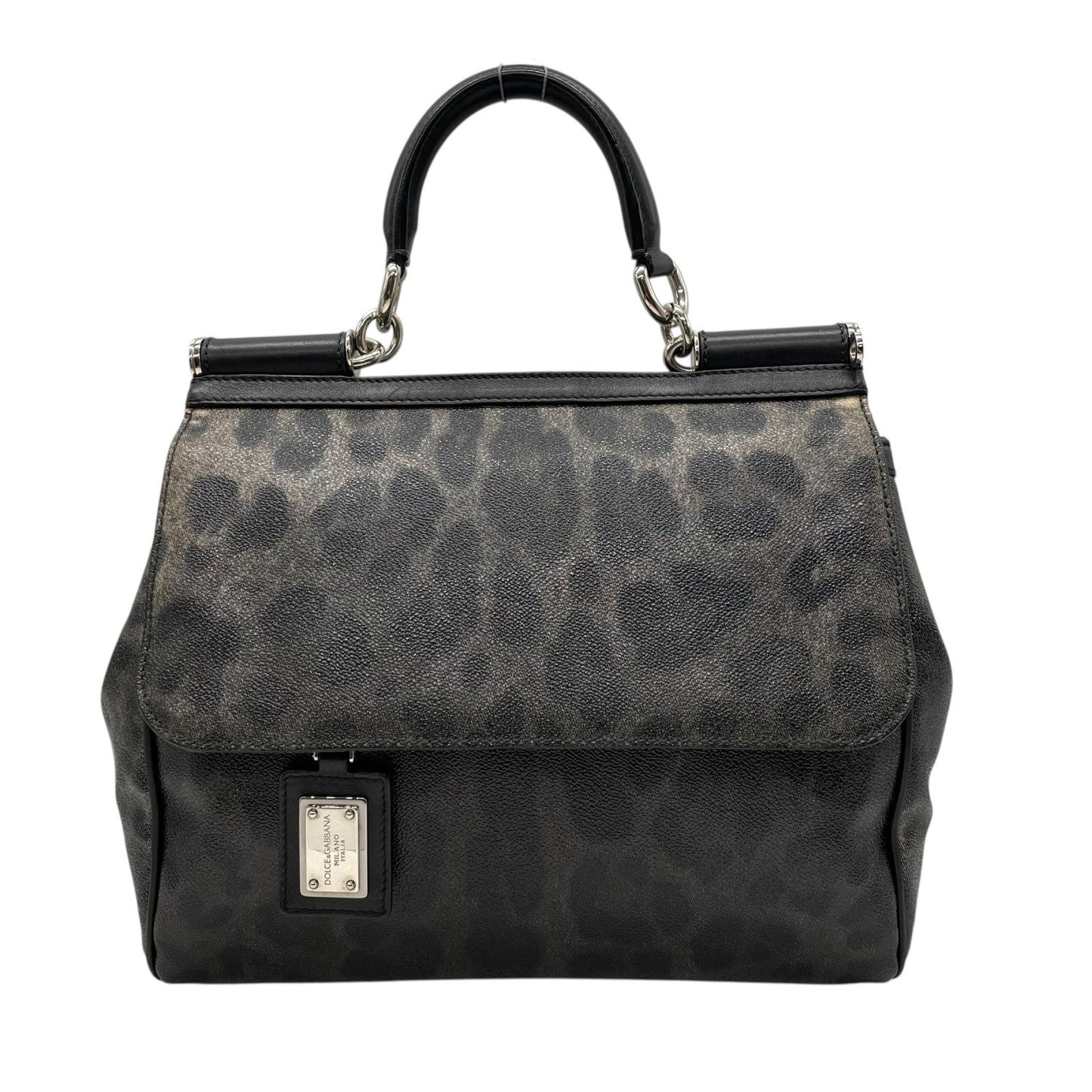 美品 DOLCE&GABBANA ドルチェ＆ガッバーナ シシリー 2WAY ハンドバッグ ショルダーバッグ ドルガバ レオパード ヒョウ柄 レザー PVC 黒 ブラック ダークグレー レディース D&G フラップ開閉 シルバー金具 ギャランティカード付き B2