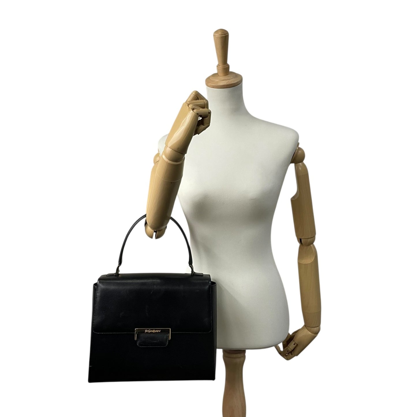 美品 Yves Saint Laurent イヴサンローラン ハンドバッグ 黒 ブラック レザー 本革 ゴールド金具 トップハンドル フラップ開閉 手提げ ロゴ フォーマル レディース ヴィンテージ A