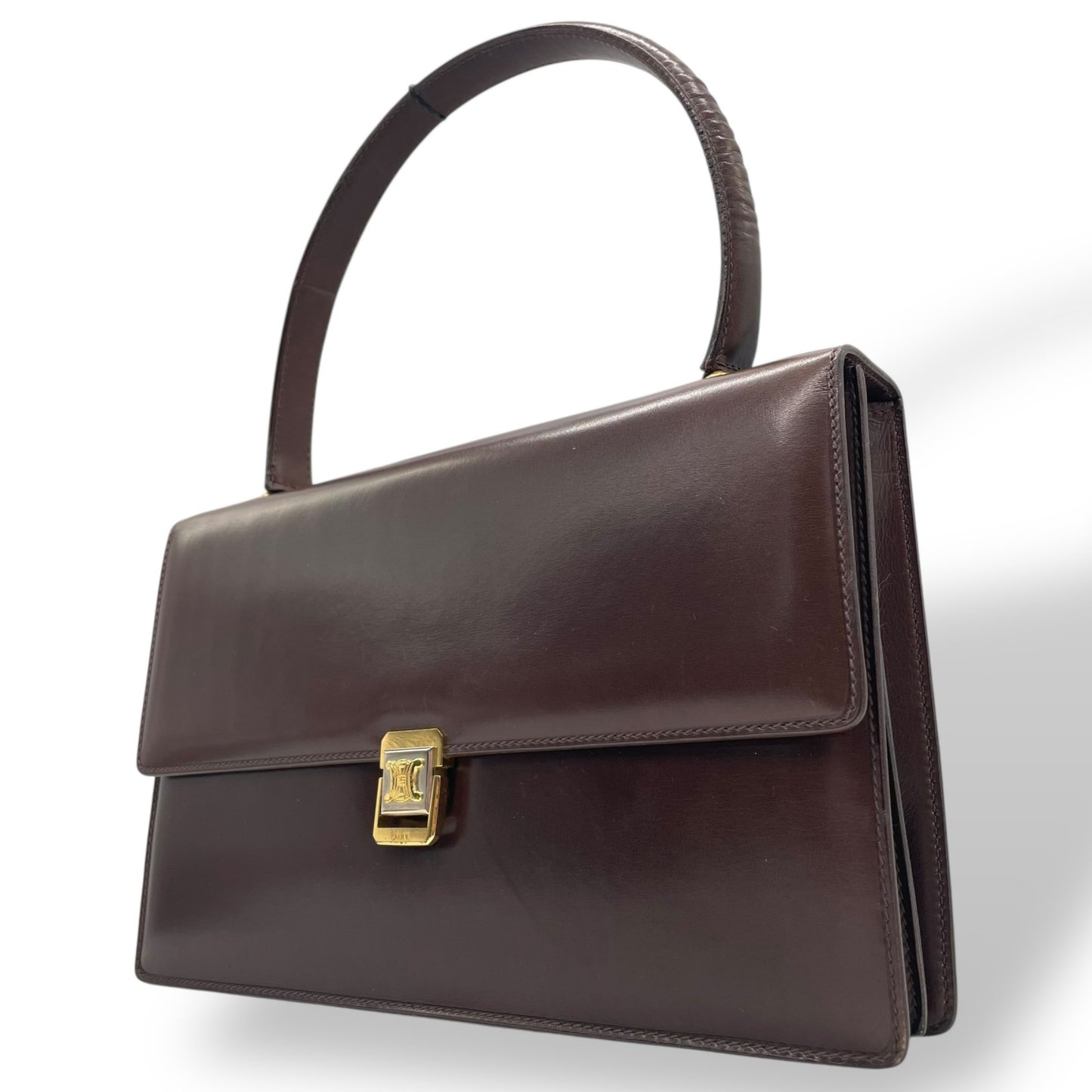 美品 CELINE セリーヌ ハンドバッグ ヴィンテージ 茶 ブラウン レザー ゴールド金具 トップハンドル 手提げ フラップ開閉 ロゴ トリオンフ レディース C