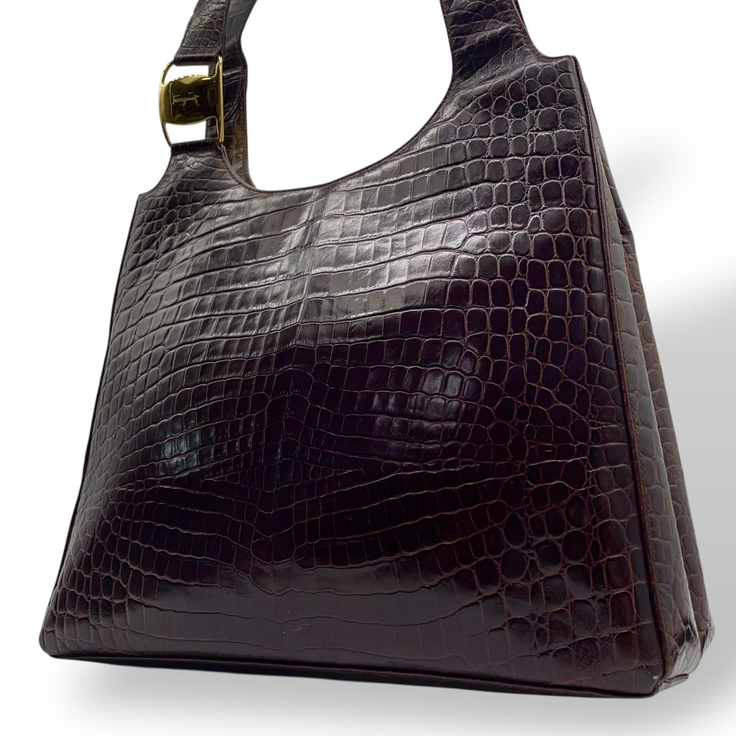 美品 Salvatore Ferragamo サルヴァトーレフェラガモ トートバッグ ハンドバッグ ヴァラ クロコ型押し 茶 ブラウン ゴールド金具 ワンショルダー 肩掛け可 ヴィンテージ レディース B