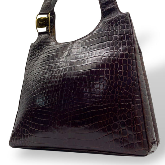 美品 Salvatore Ferragamo サルヴァトーレフェラガモ トートバッグ ハンドバッグ ヴァラ クロコ型押し 茶 ブラウン ゴールド金具 ワンショルダー 肩掛け可 ヴィンテージ レディース B