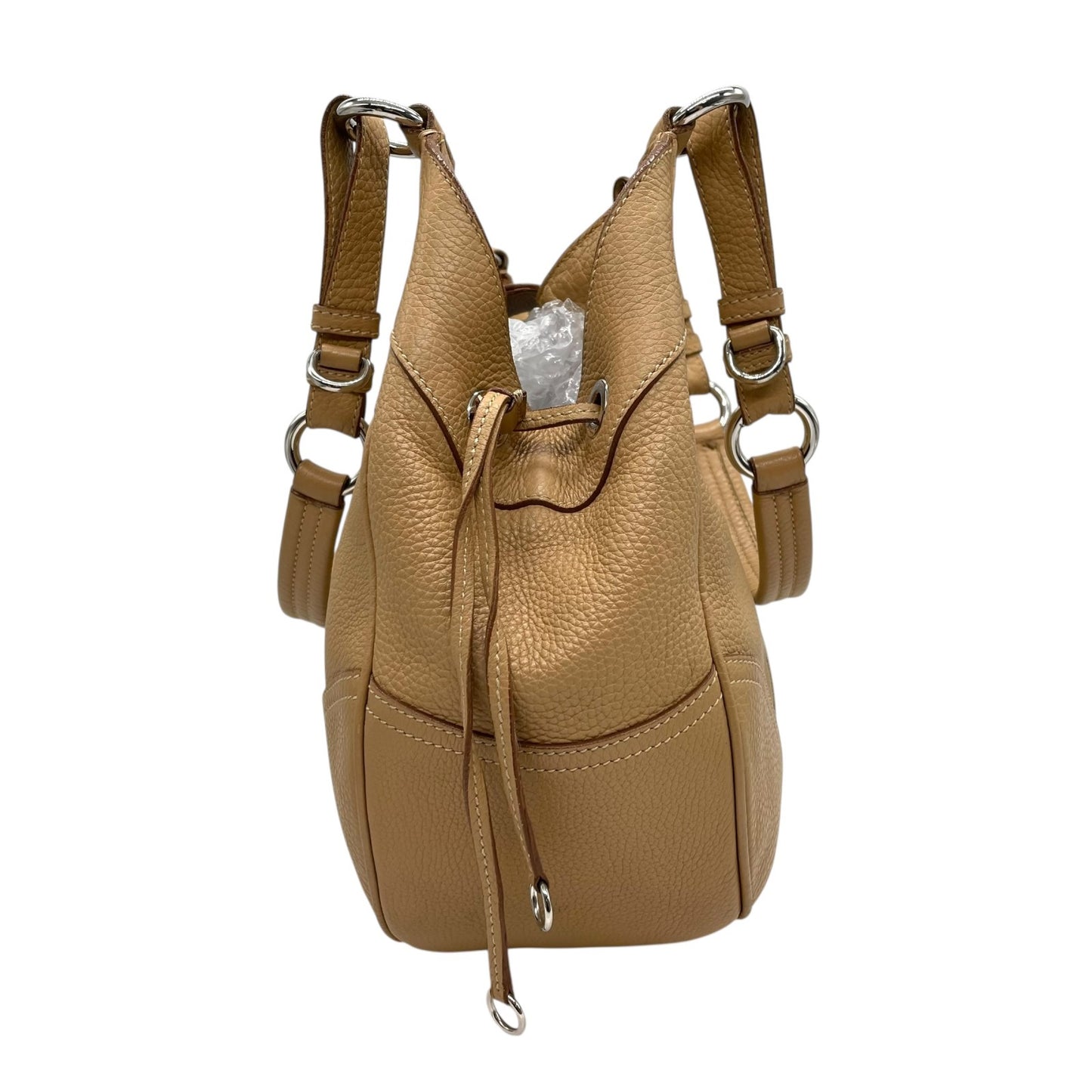 PRADA プラダ ワンショルダーバッグ ライトブラウン ベージュ レザー シボ革 トライアングルロゴ ベルトデザイン シルバー金具 C4