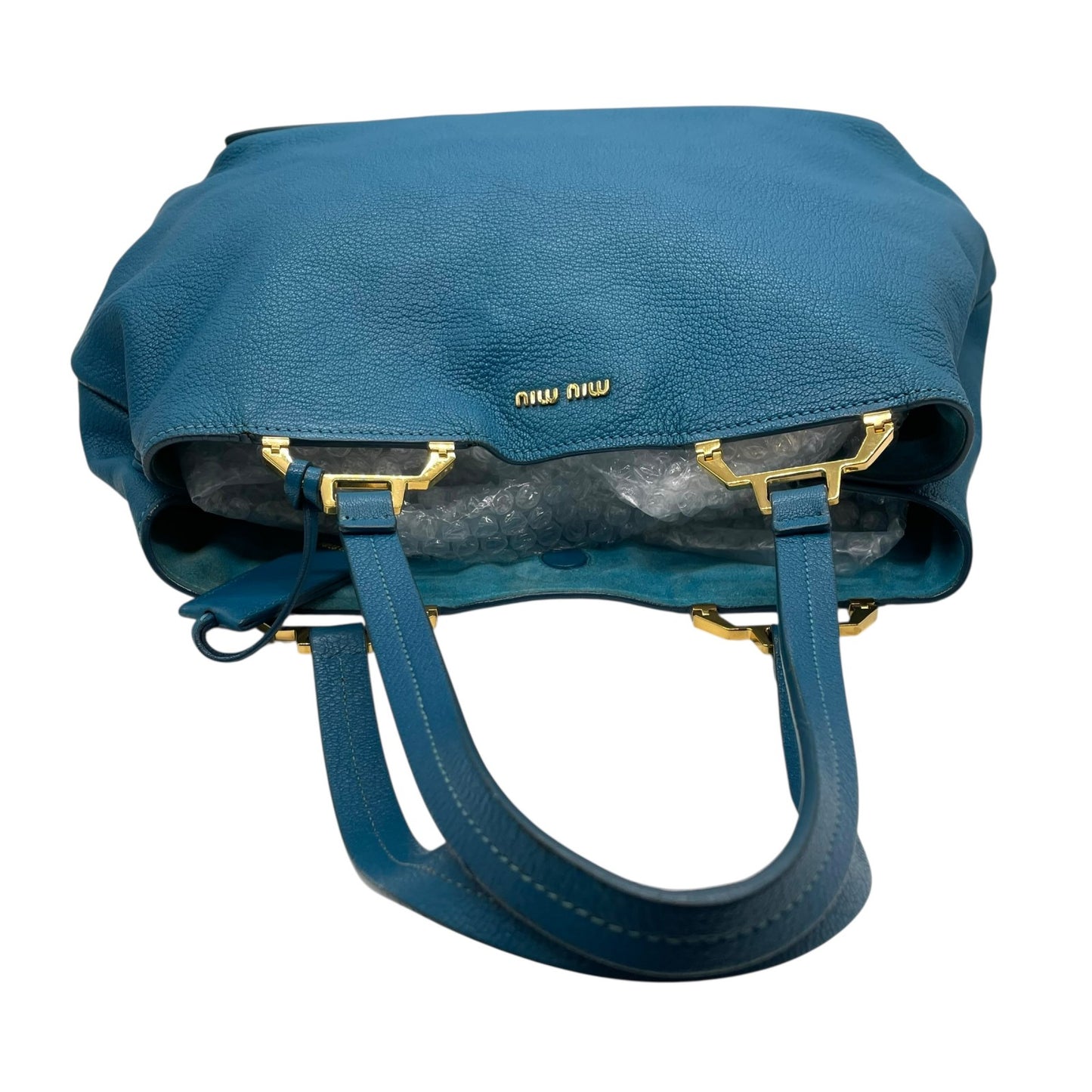 miumiu ミュウミュウ トートバッグ 青 ブルー 本革 レザー シボ革 大容量 肩掛け可能 A4収納 ゴールド金具 ポーチ付き レディース C4