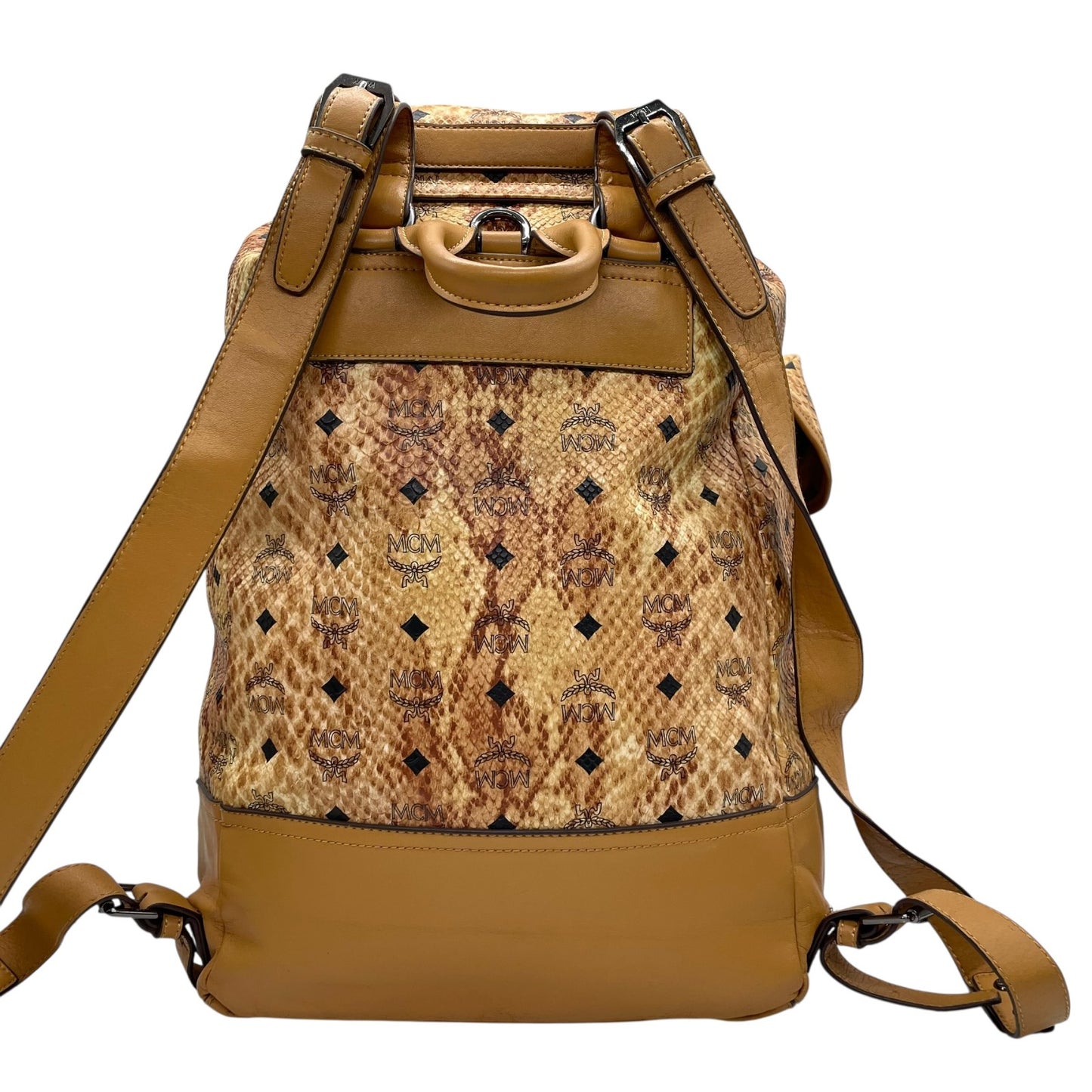 希少 MCM エムシーエム ヴィセトス ロゴグラム リュックサック バックパック 型押し スタッズ ダブルポケット 茶 ブラウン コニャック レザー ブラック金具 レディース R