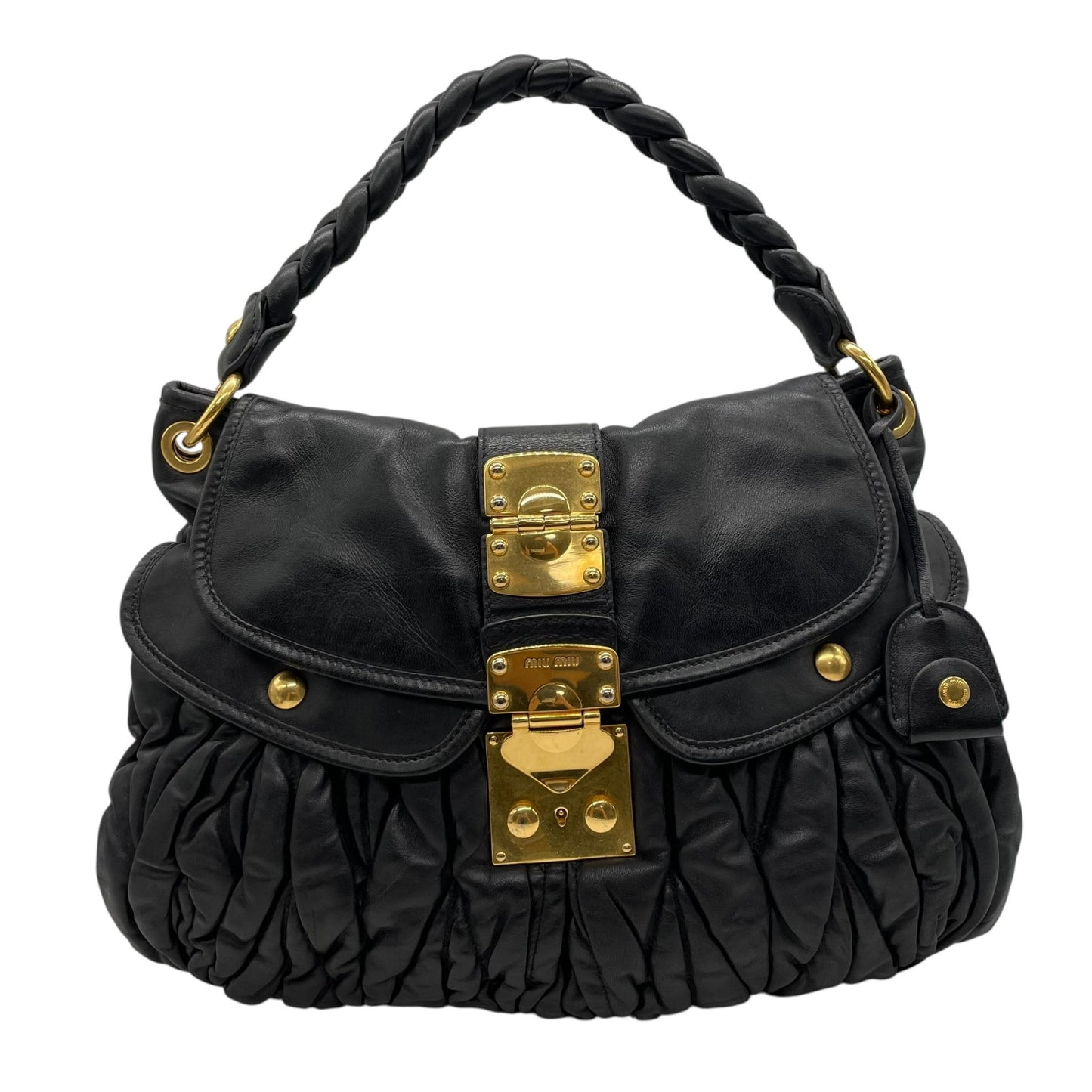 美品 miu miu ミュウミュウ 2WAY ハンドバッグ ショルダーバッグ マトラッセ マテラッセ 黒 ブラック レザー ゴールド金具 ロゴ 斜め掛け レディース C6