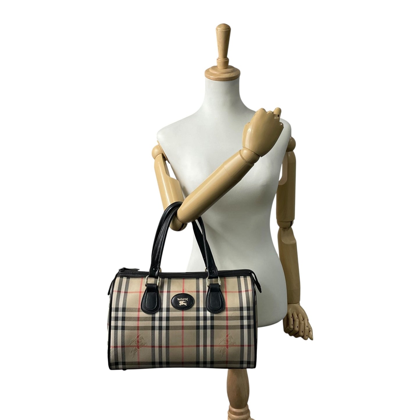 美品 Burberry バーバリー ノバチェック シャドーホース ミニボストン ハンドバッグ ベージュ ブラック キャンバス レザー ゴールド金具 ホースロゴ レディース ヴィンテージ E