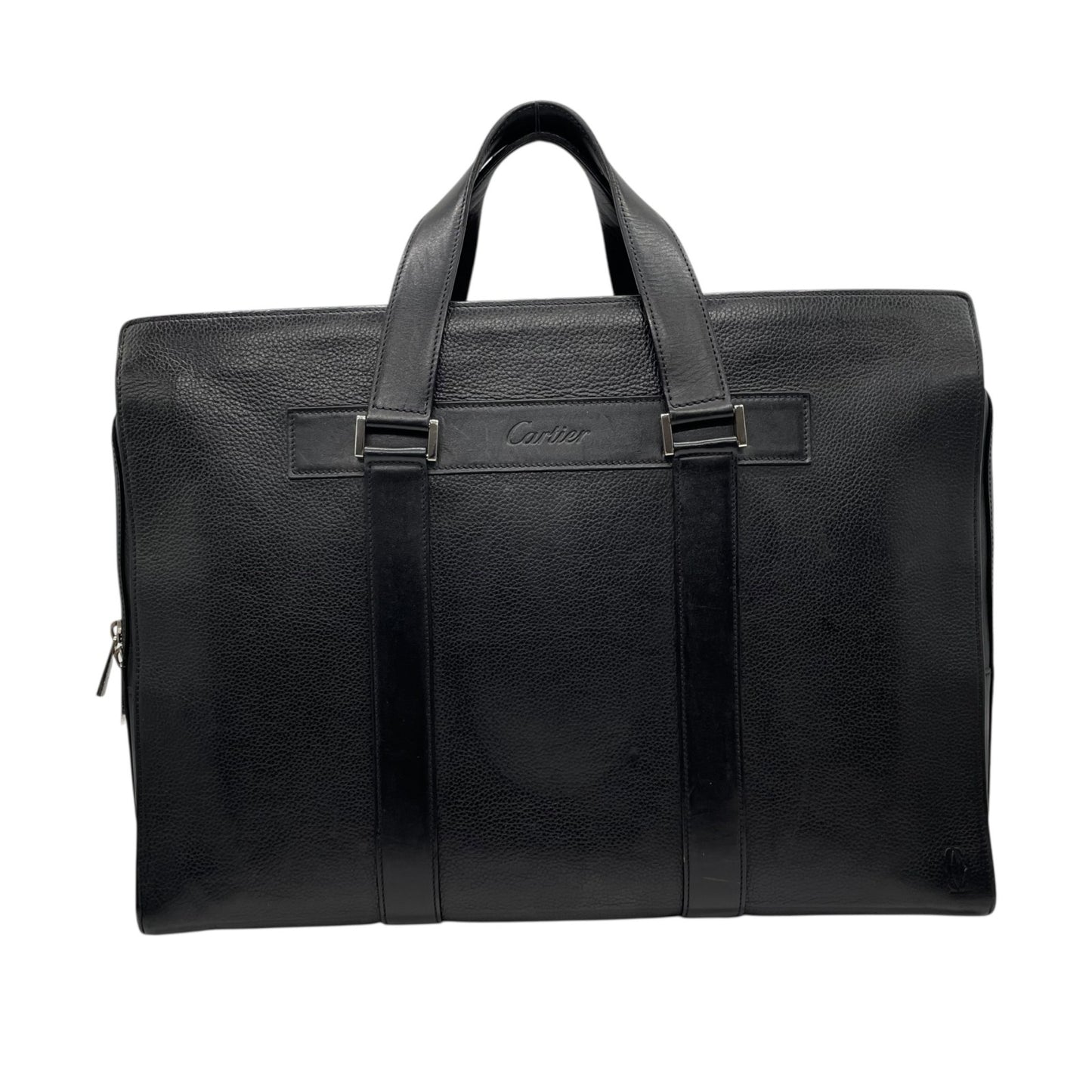美品 現行 Cartier カルティエ ビジネスバッグ ブリーフケース 黒 ブラック レザー シボ革 シルバー金具 ロゴ型押し 2Cモチーフ 通勤 メンズ A4収納可 A