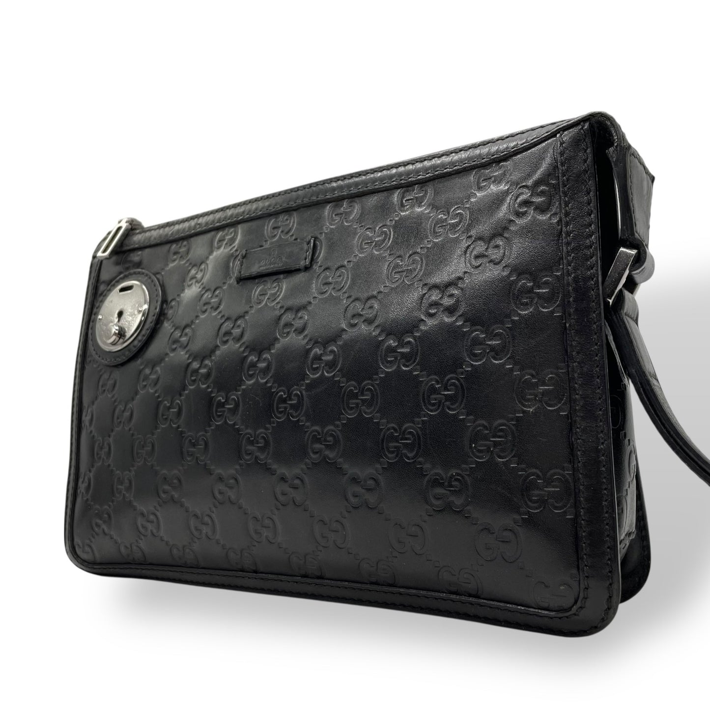 Authentic GUCCI Guccissima GG Clutch Bag Black Leather Silver Hardware With Strap