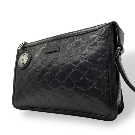 Authentic GUCCI Guccissima GG Clutch Bag Black Leather Silver Hardware With Strap