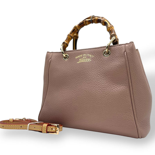 Authentic GUCCI Bamboo Mini Shopper 2WAY Pink Leather Gold Logo Shoulder Handbag